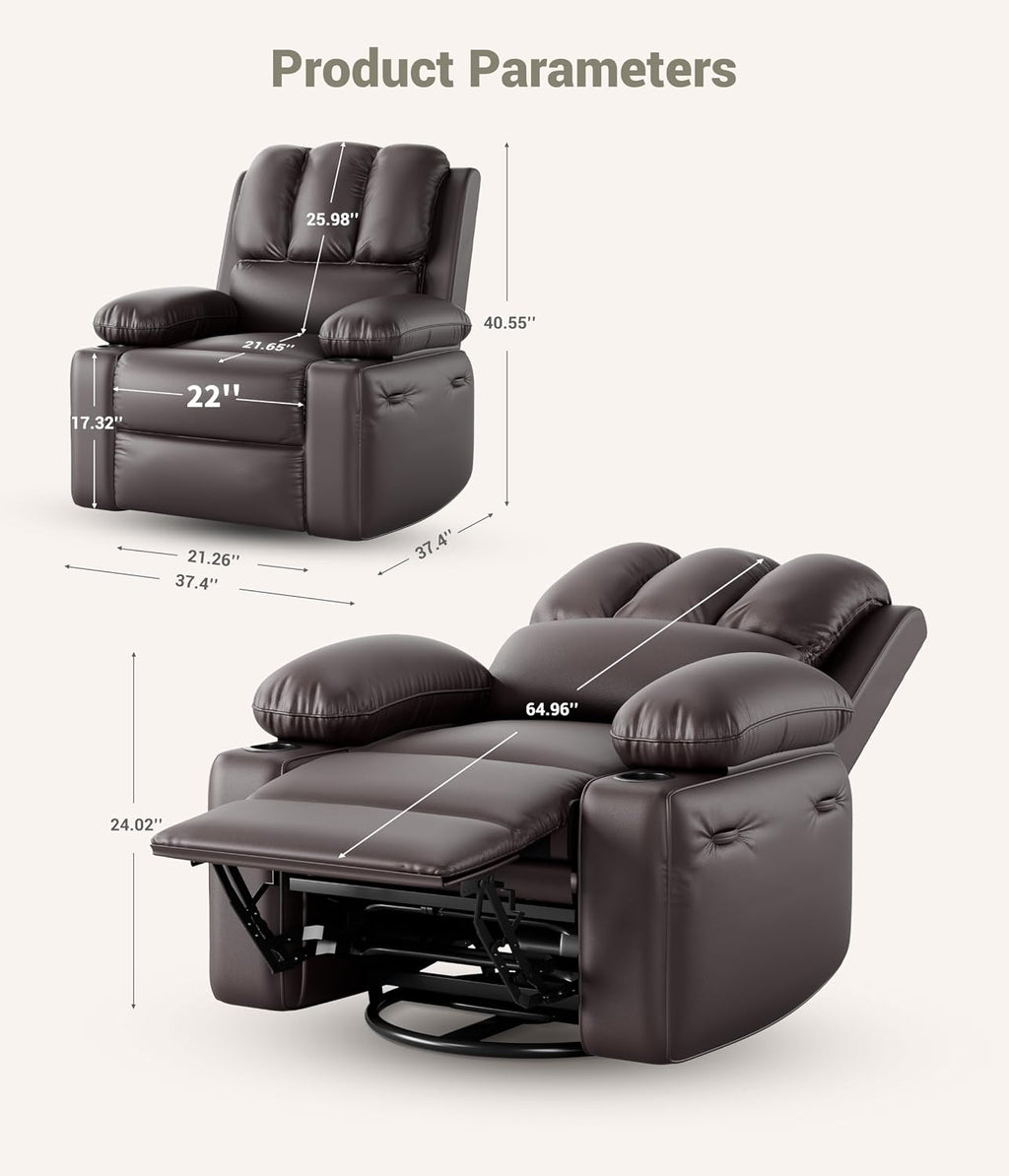 GarveeHome 22 in Rocker Swivel Recliner Chair, Lazy Recliner for Adults, with 1.5X Sponge Filling, Side Pocket, and Cup Holder, for Living Room, Bedroom, and Nursery, Coffee