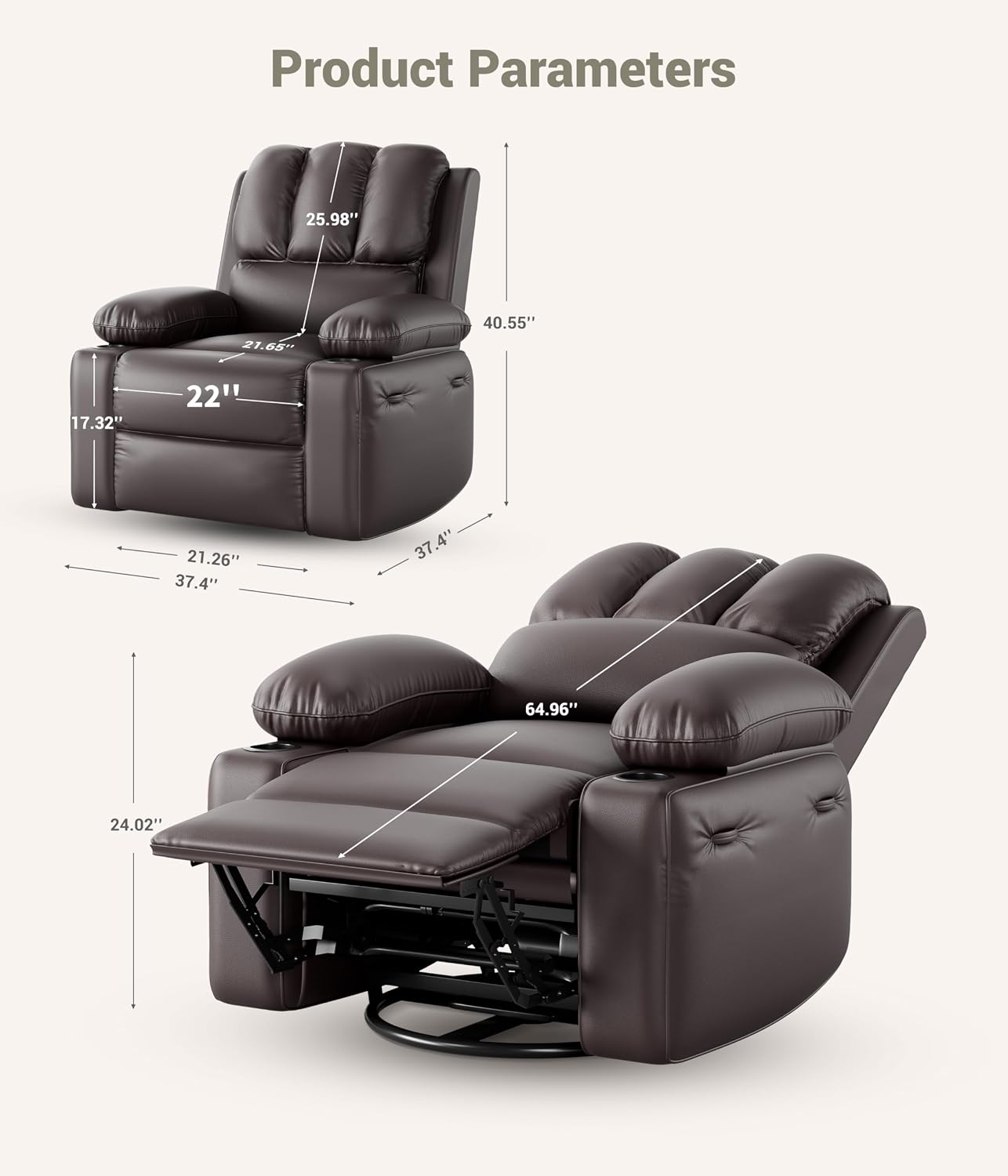 GarveeHome 22 in Rocker Swivel Recliner Chair, Lazy Recliner for Adults, with 1.5X Sponge Filling, Side Pocket, and Cup Holder, for Living Room, Bedroom, and Nursery, Coffee