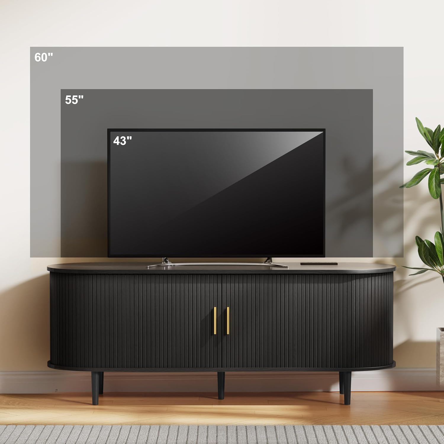 DHH 55 Inch Mid Century Modern TV Stand with Power Outlet for TVs up to 60 Inch, Entertainment Center with Storage and Adjustable Shelves, Media Console with Sliding Doors for Living Room(Black)