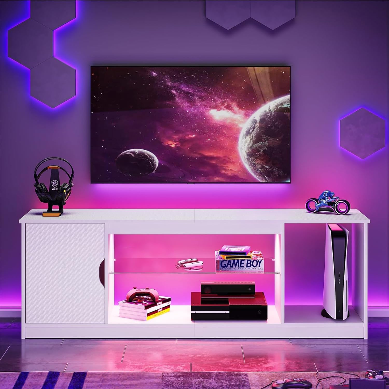 Bestier Gaming LED TV Stand for 65 Inch TV, Entertainment Center with Cabinet for PS5 Xbox, Modern TV Console for Living Room Bedroom, Adjustable Glass Shelves, Carbon Fiber White