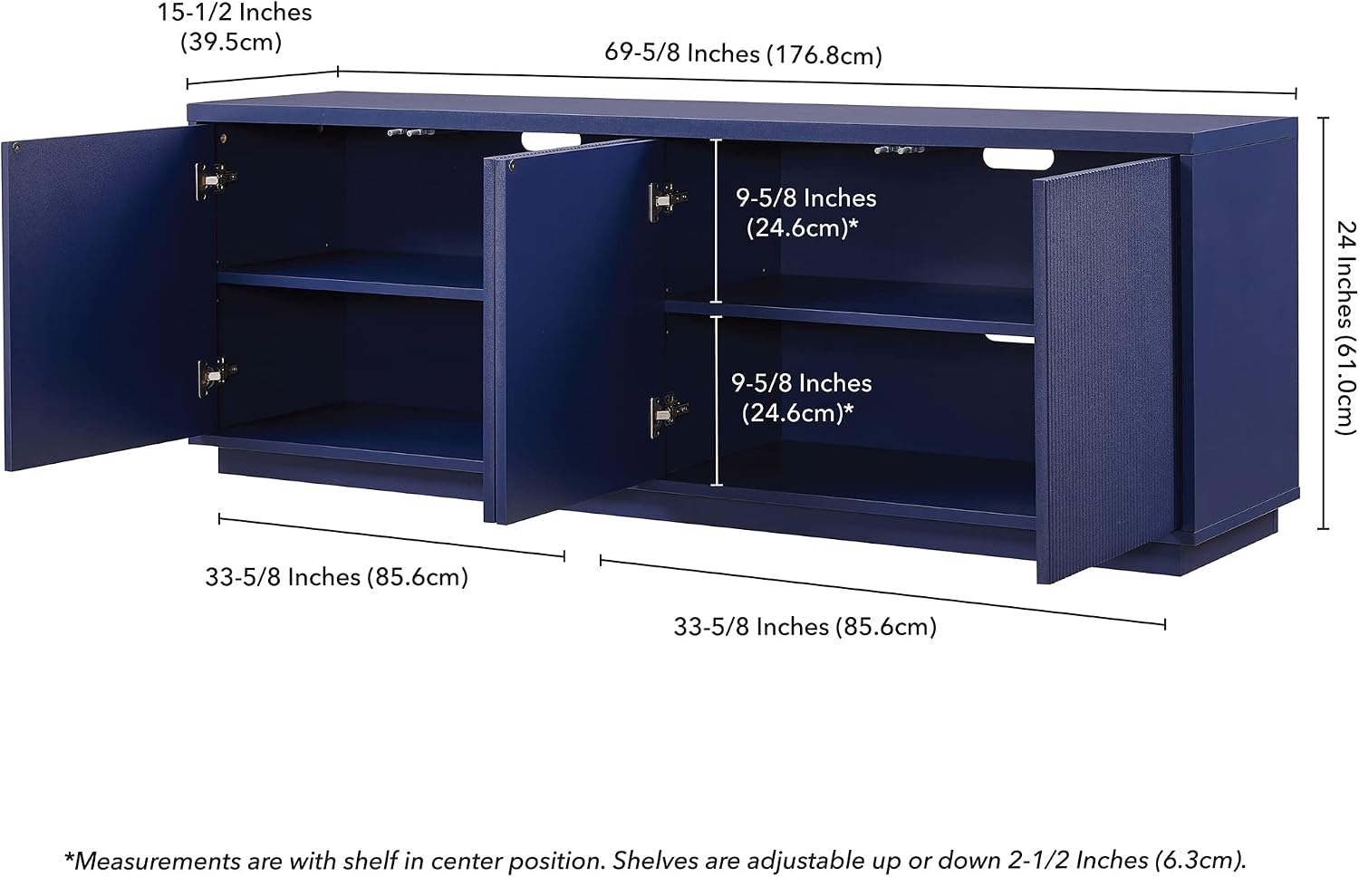 Henn&Hart Fluted TV Stand for TVs up to 75' with 2 Concealed Ribbed Storage Cabinets and Adjustable Shelves for Living Room, Family Room, or Office, Navy