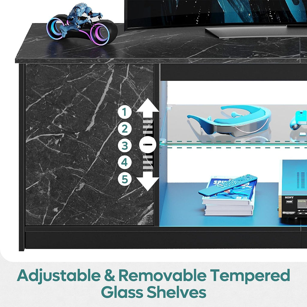 Bestier TV Stand with Power Outlets for Bedroom, Gaming TV Stand for 65inch TV, Black Entertainment Center for PS5, TV Console with Adjustable Glass Shelves for Living Room, Black Marble