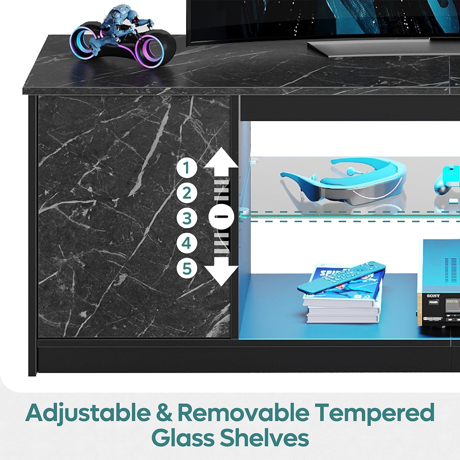 Bestier TV Stand with Power Outlets for Bedroom, Gaming TV Stand for 65inch TV, Black Entertainment Center for PS5, TV Console with Adjustable Glass Shelves for Living Room, Black Marble
