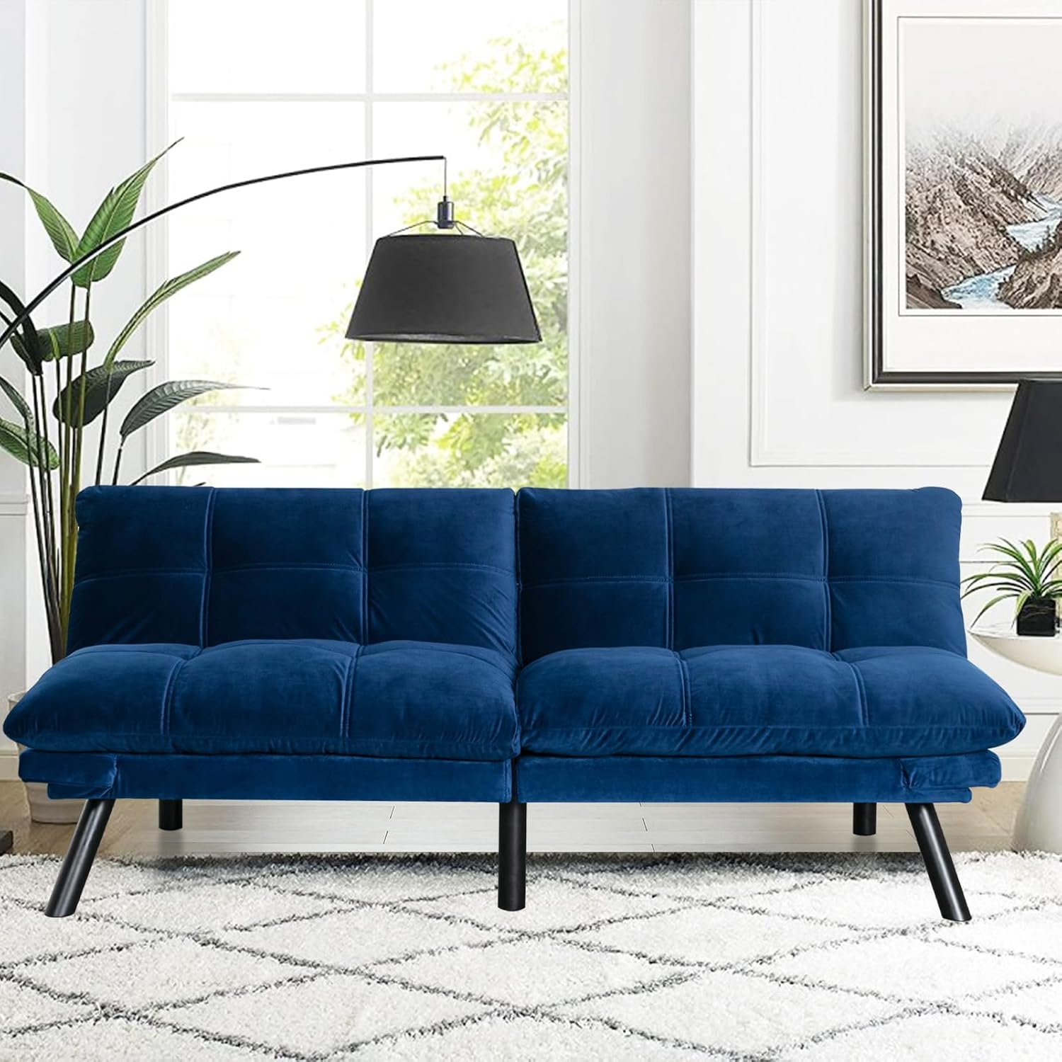 SoarFlash 67 Inch Futon Double Sofa Bed, 2 in 1 Velvet Loveseat Sofa with Adjustable Backrest for Living Room Bedroom Office Apartment Compact Couch(Blue)
