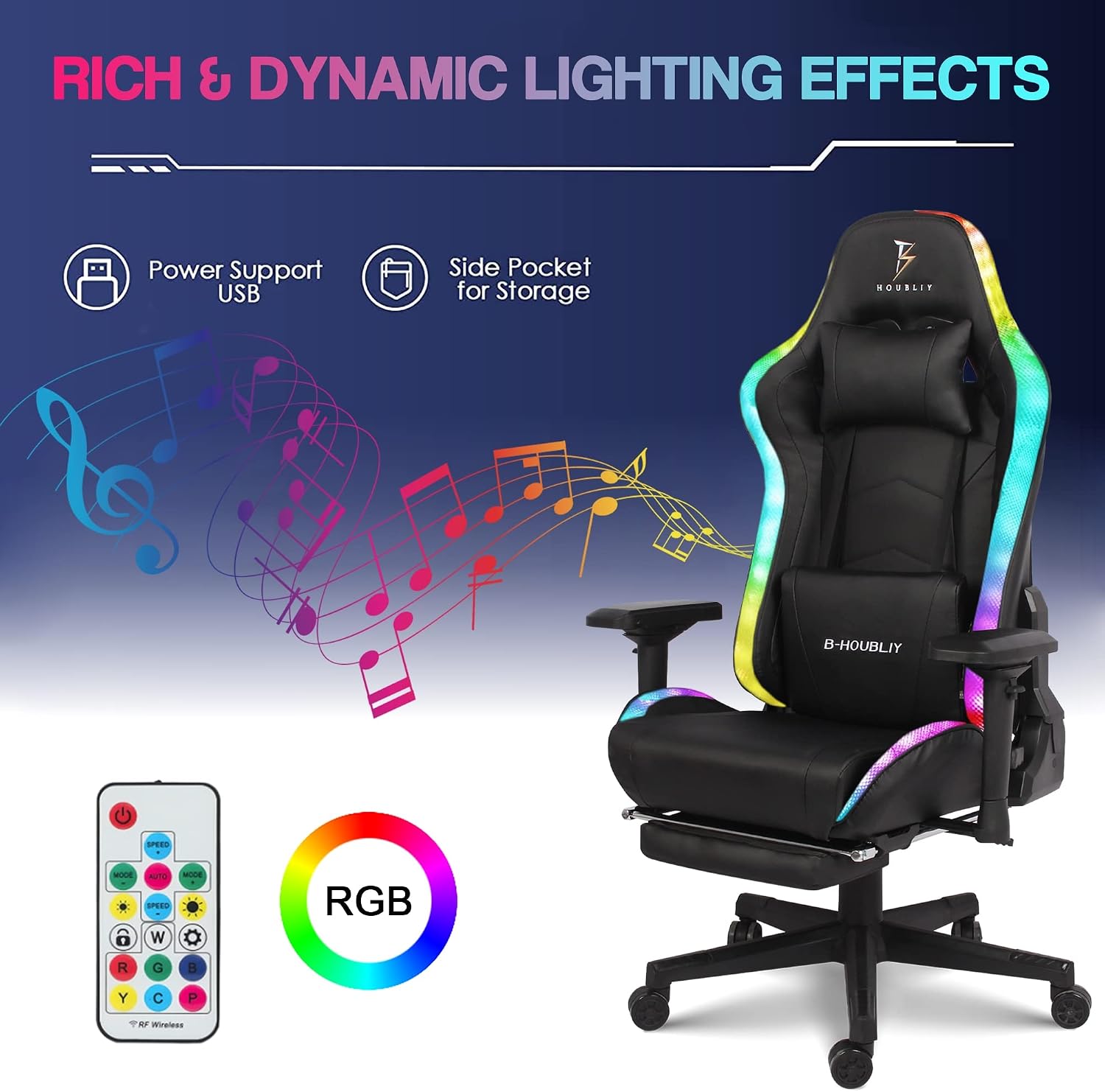 Ergonomic Pro Gaming Chair Video Game Chair with Footrest and 7-Point Massage Computer Chair with Speakers and RGB Lights Office Chairs Height Adjustable 4D Armrests Lumbar Support Headrest,Bl