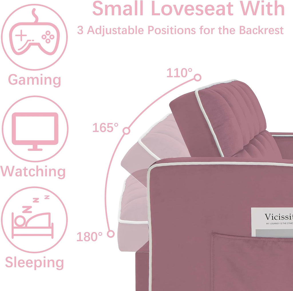 Loveseat Sofa Bed with USB Ports, Phone Holder & Cup Holders | Convertible Futon Couch for Small Spaces, Pull-Out Sleeper Sofa for Living Room & Apartments (Pink)