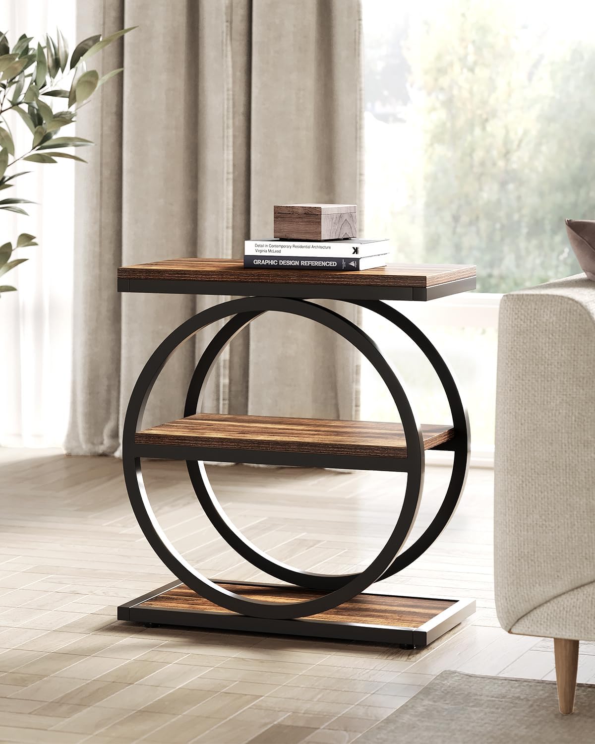 LITTLE TREE End Table Set 2, Side Table with 3 Tiers Shelves, Slim Sofa Side Table for Living Room, Tall Bedside Table Nightstand for Bedroom, Rustic Brown and Black