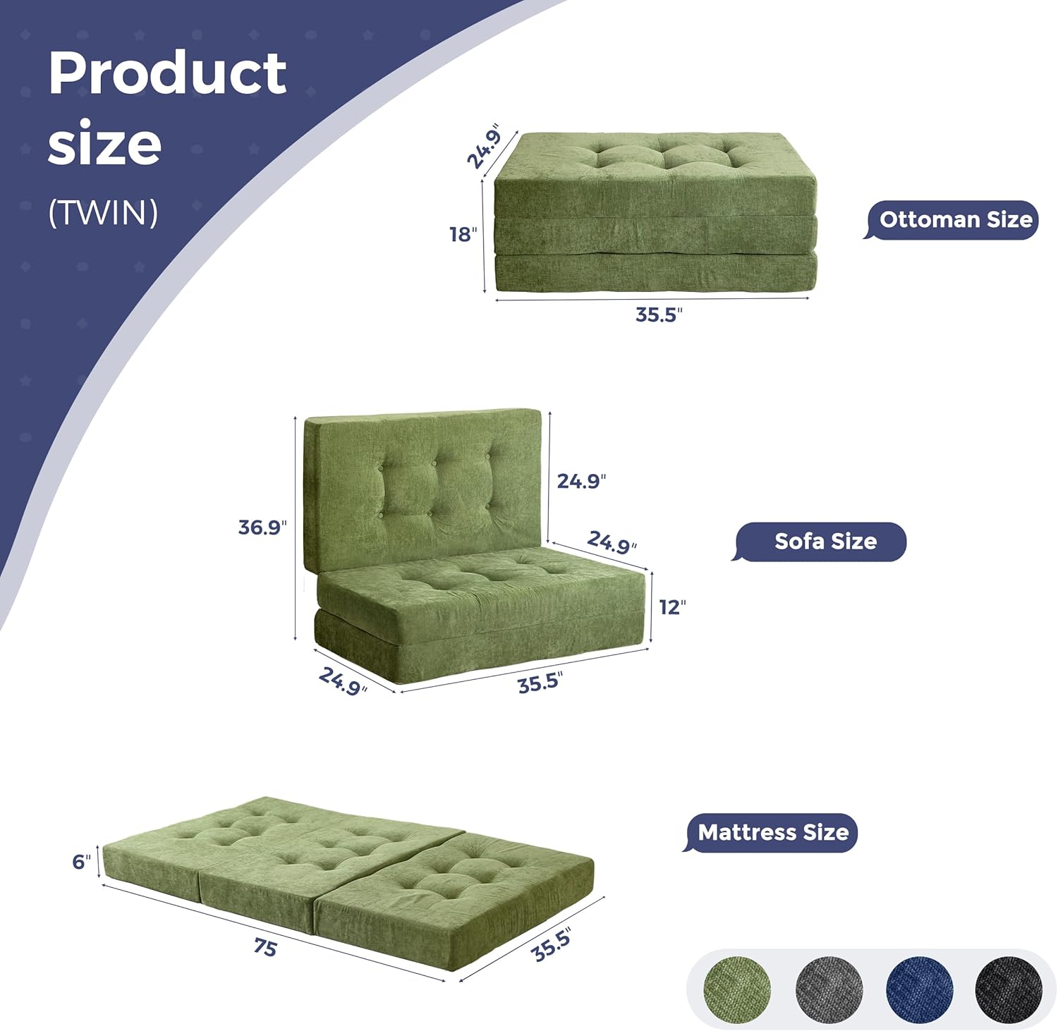 MAXYOYO 6' Folding Sofa Bed for Floor, Tufted Tri-Fold Floor Mattress with Chenille Fabric, Twin Size Portable Sofa Couch Guest Mat for Adults, Foldable Topper for Camping, Green, 35.4'x75'