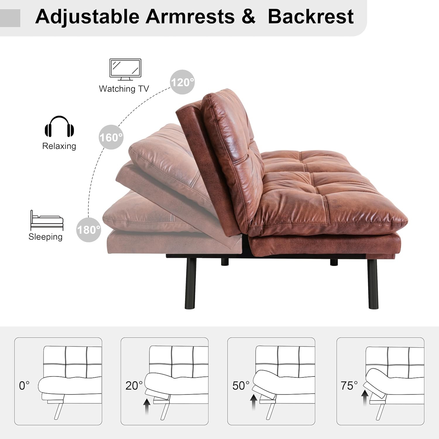 MUUEGM 71' Futon Sofa Bed, Memory Foam Convertible Faux Leather Futon Couch Bed with Adjustable Backrest & Armrest, Modern Loveseat Sleeper for Living Room and Small Apartments, Vintage Brown