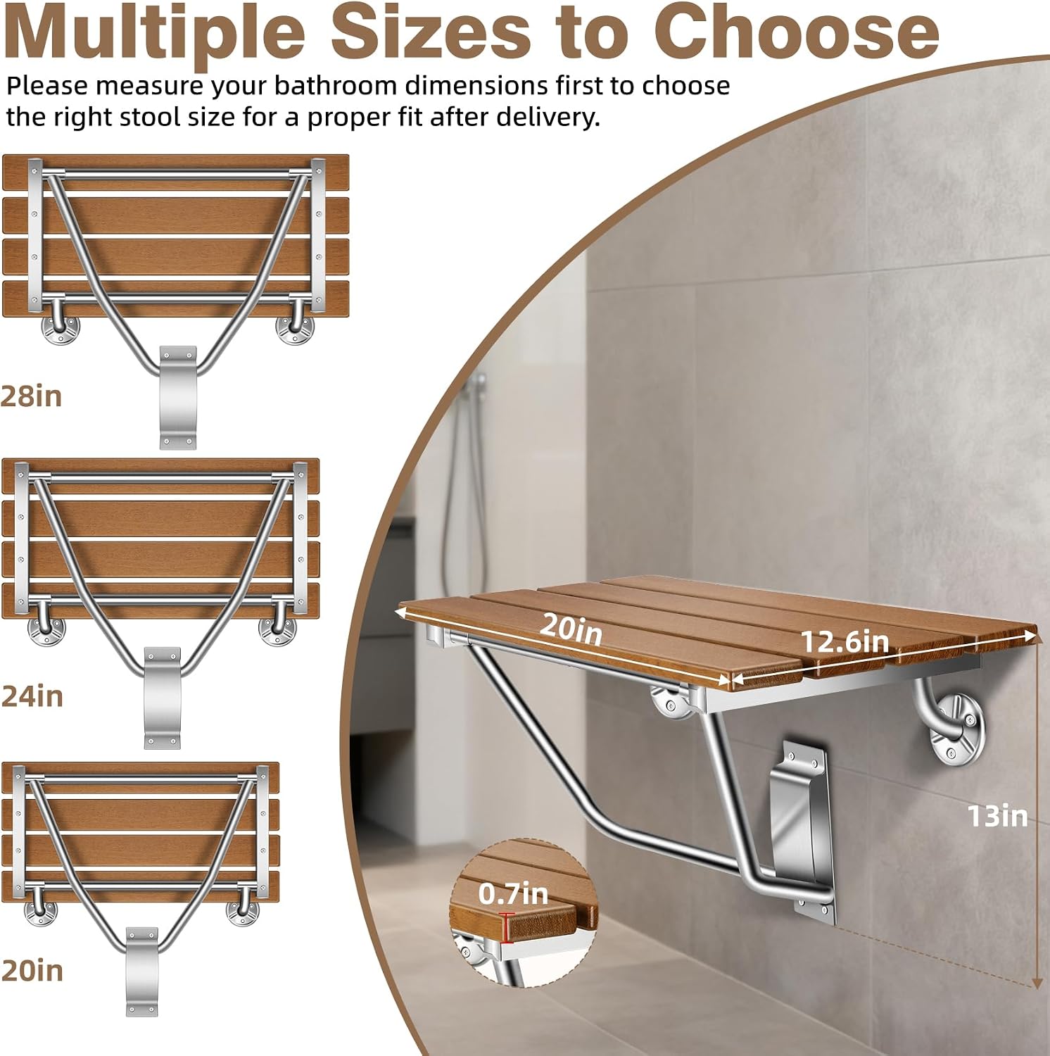 20'' Folding Shower Seat Wall Mounted, Folding Shower Bench with Stainless Steel Bracket, 500lb Load Capacity, for Elderly, Pregnant Women, Kids, Disabled