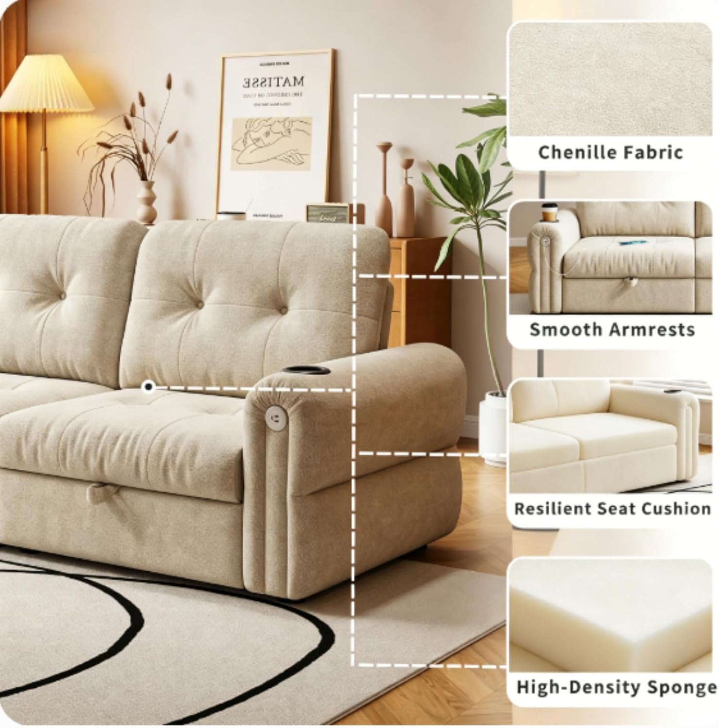 Convertible Couches, Queen Size Pull Out Sofa Bed with USB Charging Port and Cup Holders, Plannelette Fabric Convertible Sofa Bed for Small Space, Living Room, Apartment, Guest Room, Beige