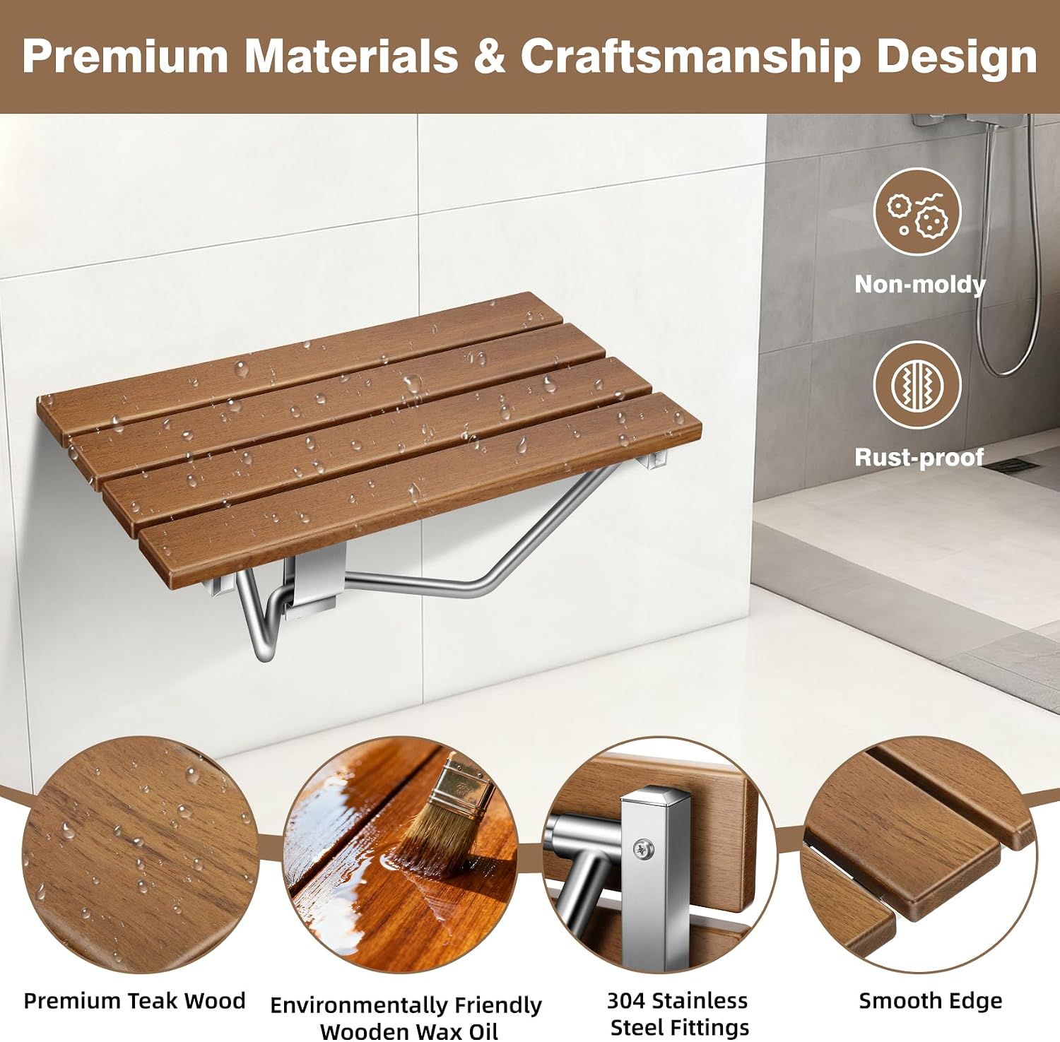 20'' Folding Shower Seat Wall Mounted, Folding Shower Bench with Stainless Steel Bracket, 500lb Load Capacity, for Elderly, Pregnant Women, Kids, Disabled