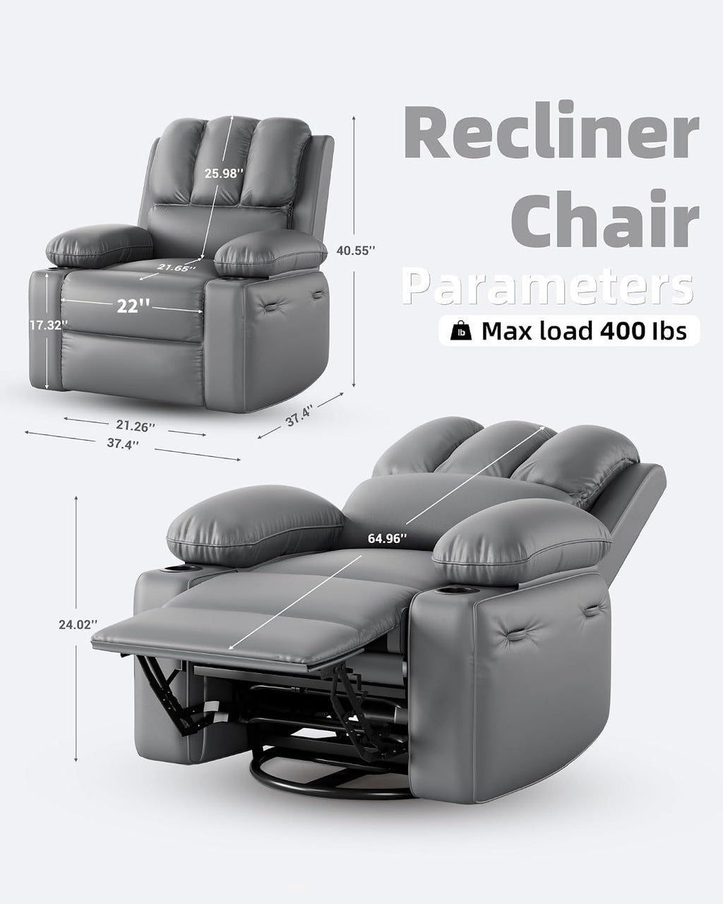 22 in Leather Recliner Chair for Adults, Overstuffed Manual Recliner Chair, Single Sofa with Cup Holder and Side Pockets, Upholstered Chair for Living Rooms, Gray