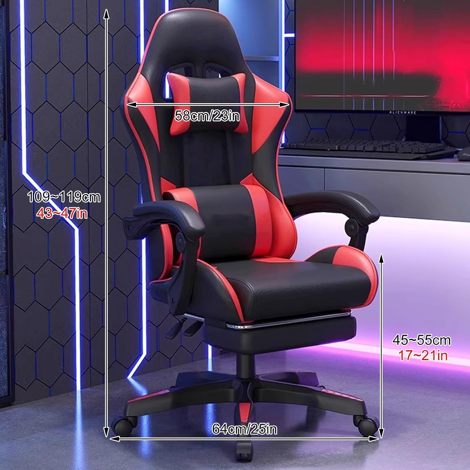 Office Video Game Chair with Lumbar Support, 400 Lbs Adult Chair with Footrest and Linked Armrests, Low-Noise Wear-Resistant Pulley, Stable Load-Bearing, Black and Red(Red)