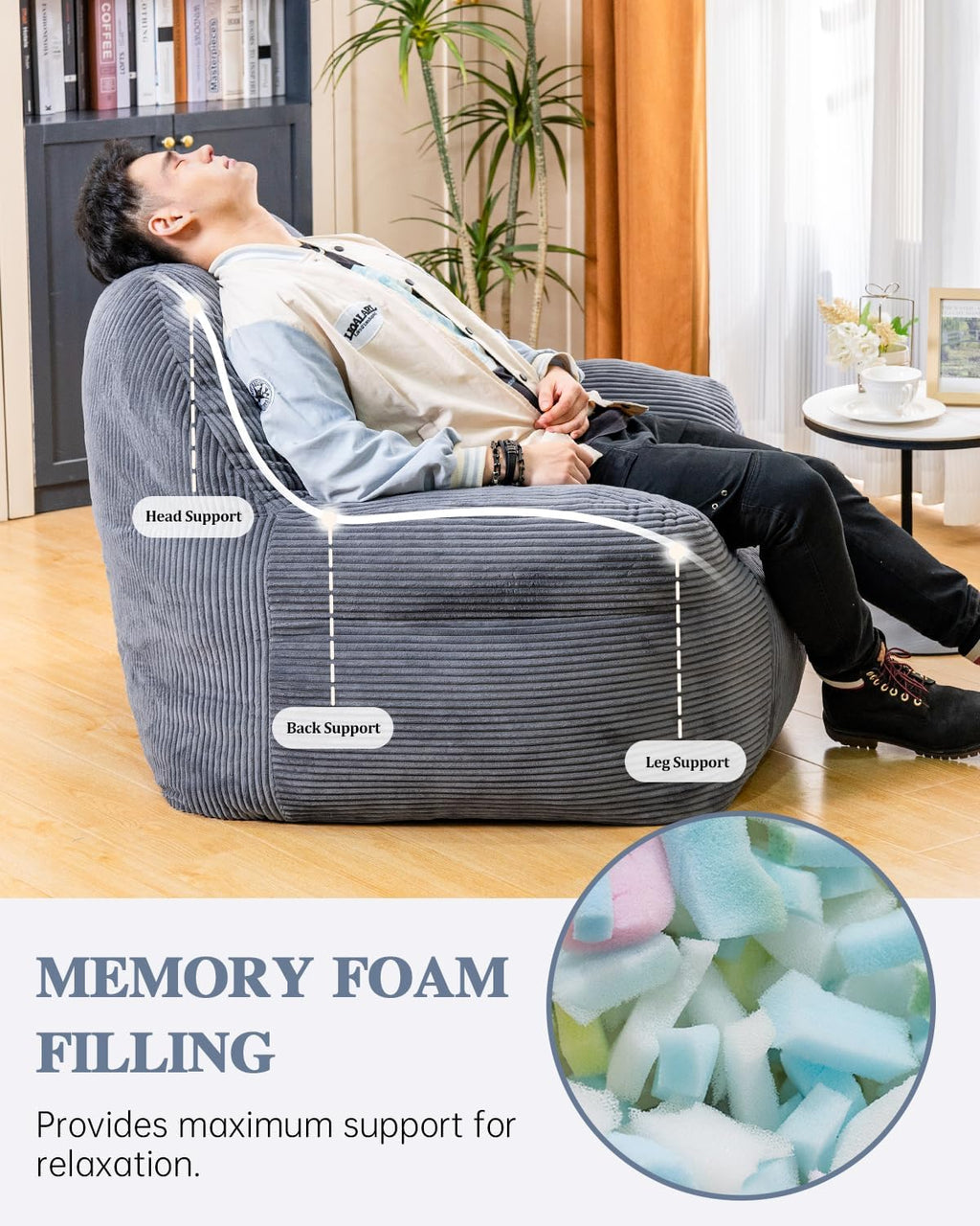 Lamerge Giant Bean Bag Chair for Adults, Oversized Faux Fur Fluffy Sofa with High-Density Memory Foam, Grey Comfy Bean Bag Couch for Reading, Gaming (53' Giant Bean Bag Chair Sofa)