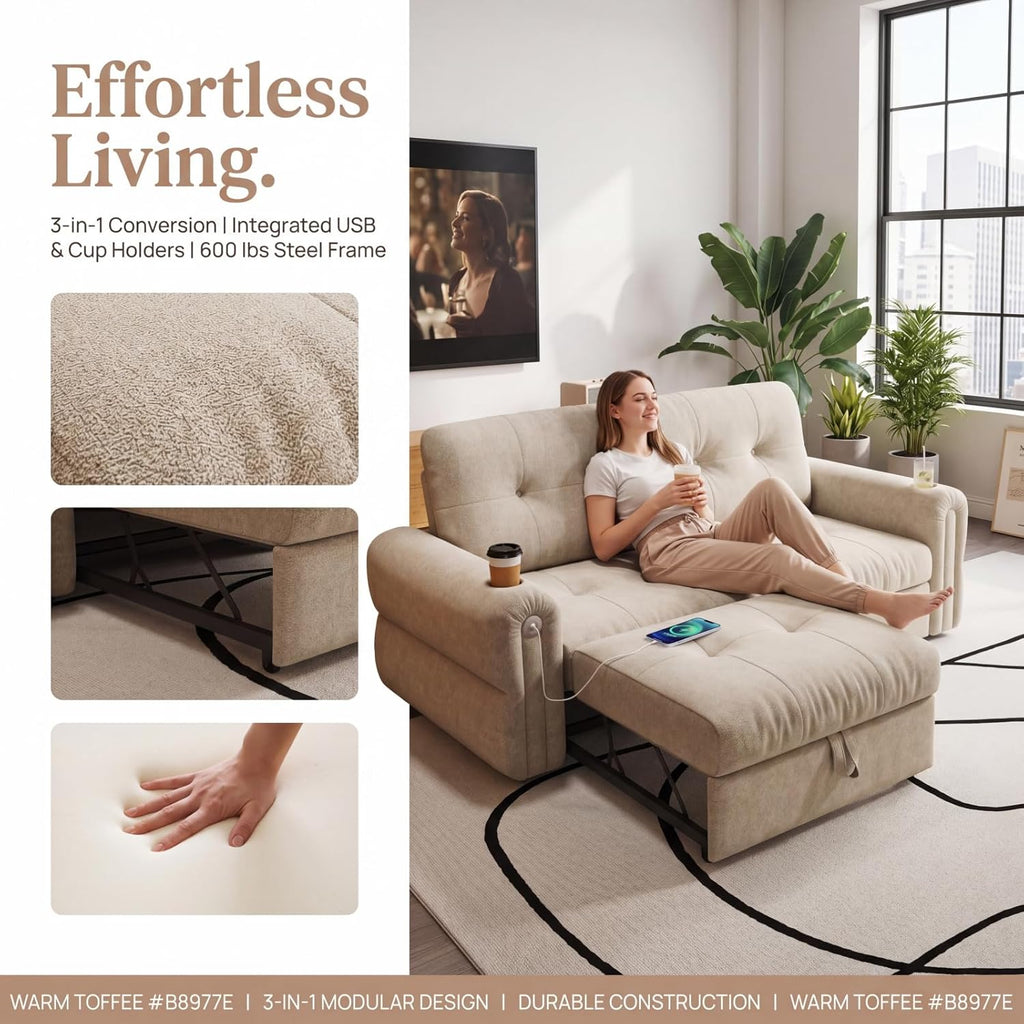 Convertible Couches, Queen Size Pull Out Sofa Bed with USB Charging Port and Cup Holders, Plannelette Fabric Convertible Sofa Bed for Small Space, Living Room, Apartment, Guest Room, Beige