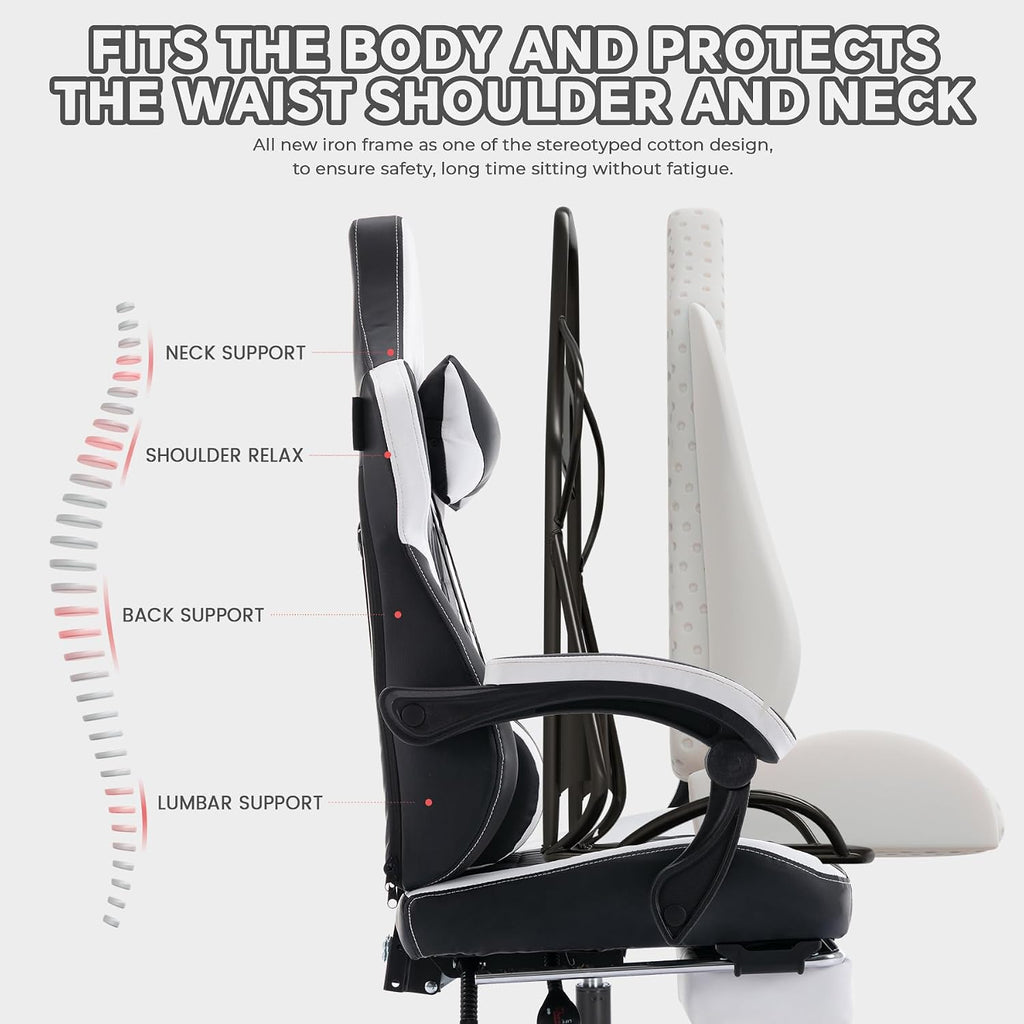 Gaming Chair with Massage and Footrest, Ergonomic High Back PC Racing Chair, 300LBS Capacity with Adjustable Lumbar Support & Headrest for Office and Desk (Model B, Black+White)