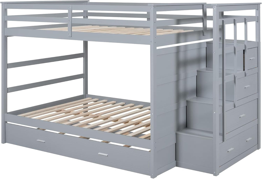Harper & Bright Designs Full Over Full Bunk Bed with Twin Size Trundle and Stairs, Kids Bunk Beds with Storage Drawers, Wood Full Bunk Beds with Trundle and Guardrail for Kids Teens Adults, Gray