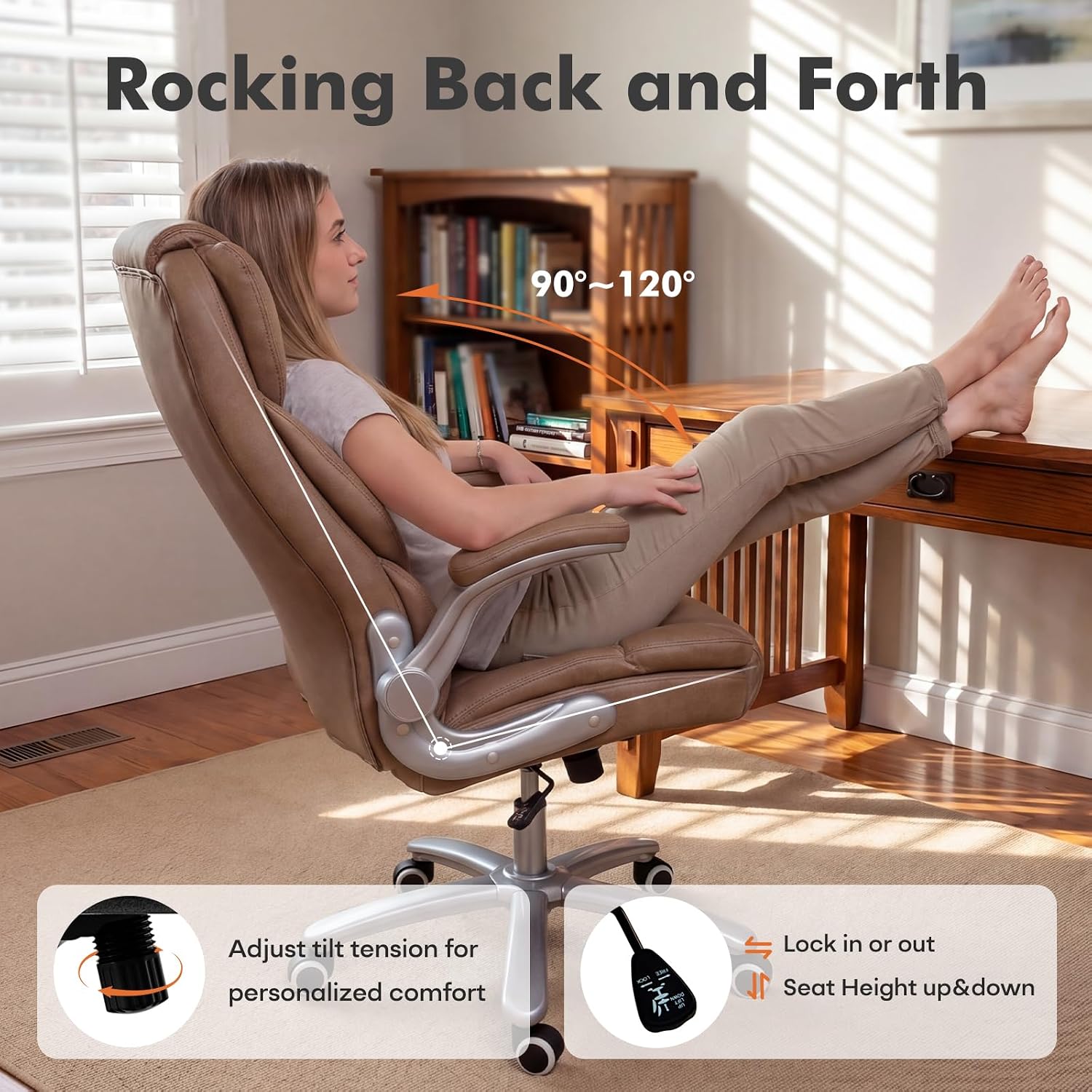 GYI Big and Tall Office Chair 400lb Wide Seat, Ergonomic High Back Leather Executive Desk Chair with Flip-up Arms, Brown