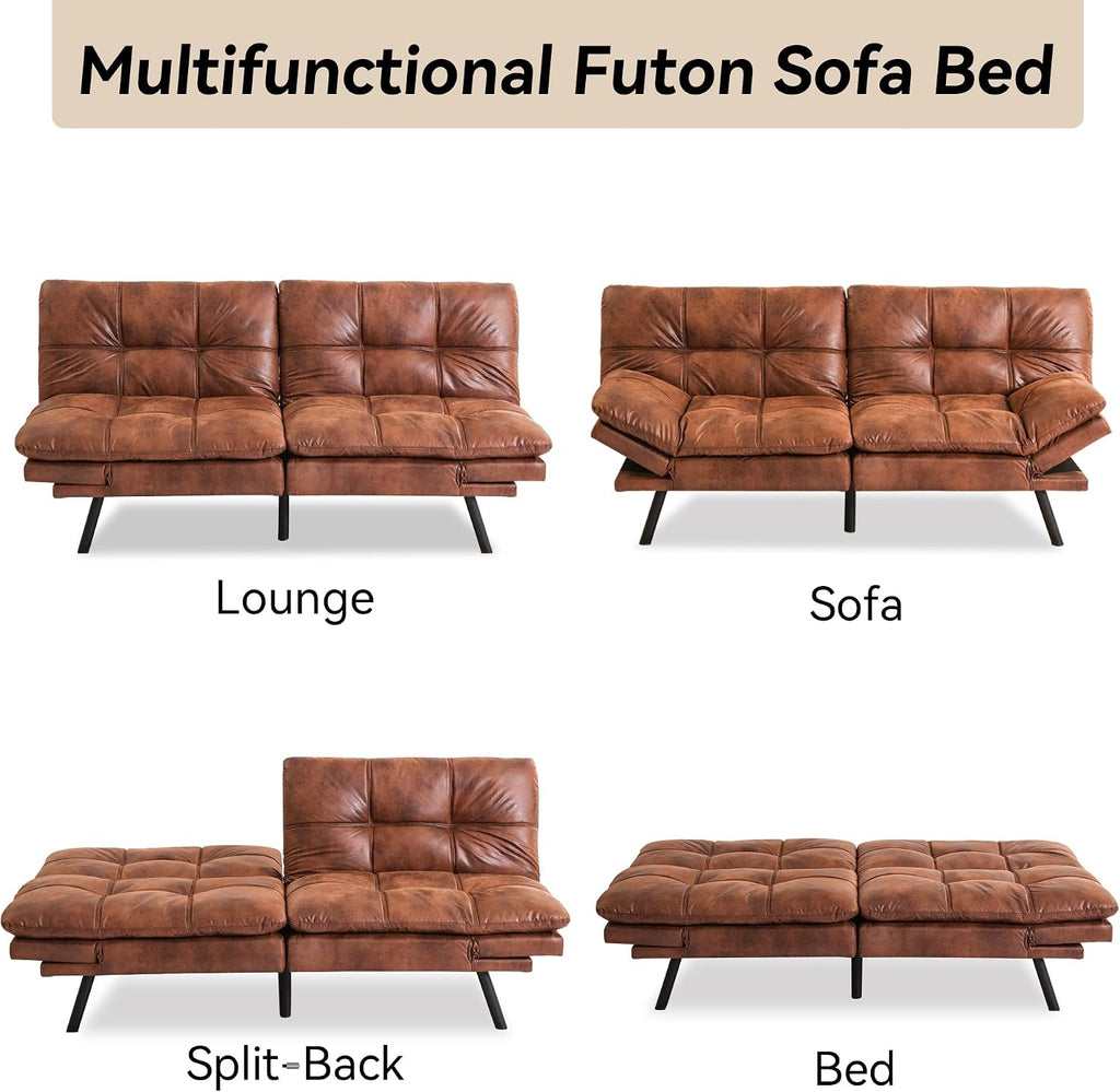 71' Convertible Futon Sofa Bed,Brown Faux Leather Futon Couch,Memory Foam Reclining Sleeper Sofa Bed,Modern Folding Small Loveseat Couches for Living Room,Office,Apartment