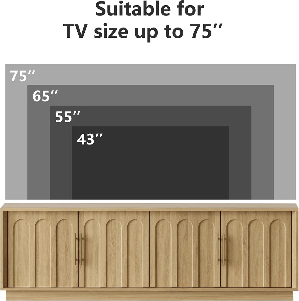 FORTUNETEC TV Stand for 75 Inch TV, Mid Century Modern TV Stand with Arched Design, Wood Grain Finish, Boho Media Console with Adjustable Shelves, 67' Entertainment Center for Living Room Bedroom, Oak