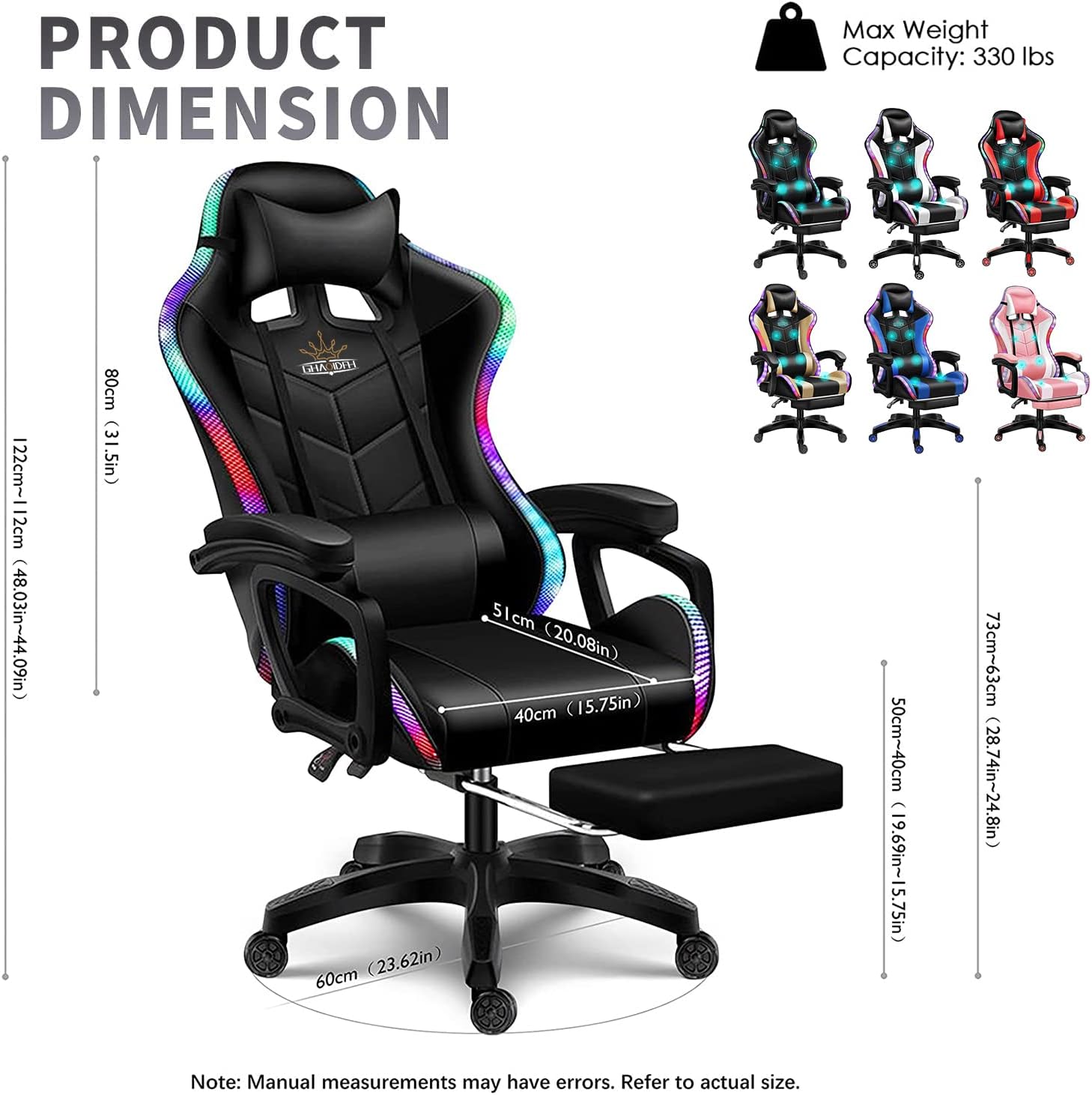 LED Gaming Chair Ergonomic Massage Racing Computer Chairs High Back Video Game Chairs with Speakers PU Leather with Footrest Headrest Lumbar Support Office Desk Chair for Adults Teens,Red