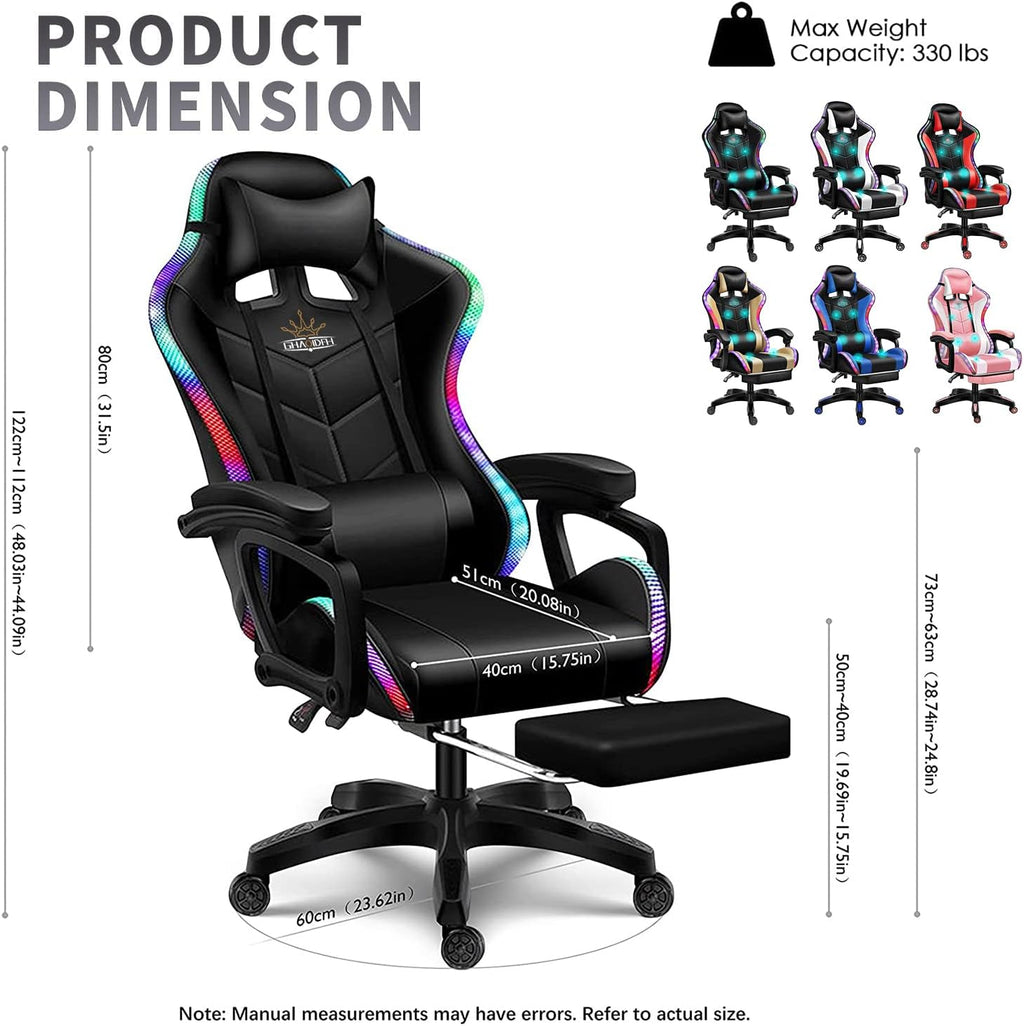 LED Gaming Chair Ergonomic Massage Racing Computer Chairs High Back Video Game Chairs with Speakers PU Leather with Footrest Headrest Lumbar Support Office Desk Chair for Adults Teens,Black