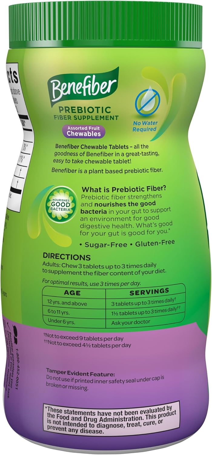 Benefiber Chewable Prebiotic GLP-1 Friendly Fiber Supplement Tablets for Digestive Health, Assorted Fruit Flavors - 100 Count (Pack of 12)