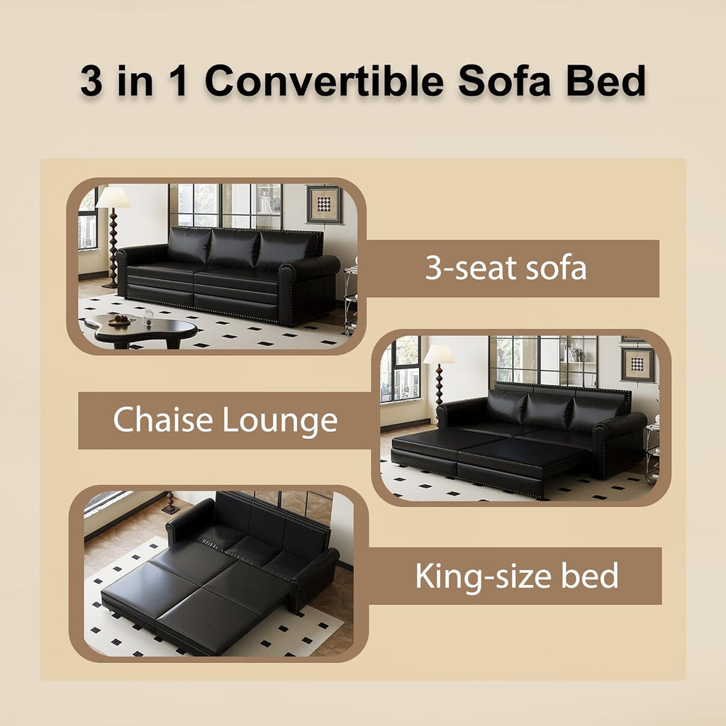 93.7' King Pull Out Sofa Bed, Faux Leather Sleeper Sofa Couch, 3 in 1 Convertible Futon Couches for Living Room, Small Space, Apartment, Office, Bedroom, Modern Rivet Armrest, Black
