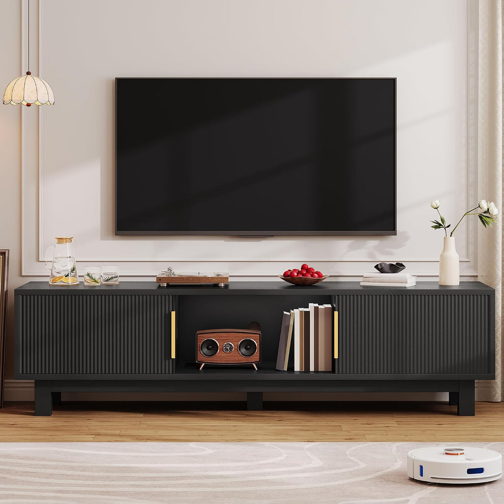 YITAHOME Fluted TV Stands for TVs up to 65 Inches, Entertainment Center with Power Outlets & Storage Compartments, 59' Long Wooden TV Console for Living Room (Black, 59')