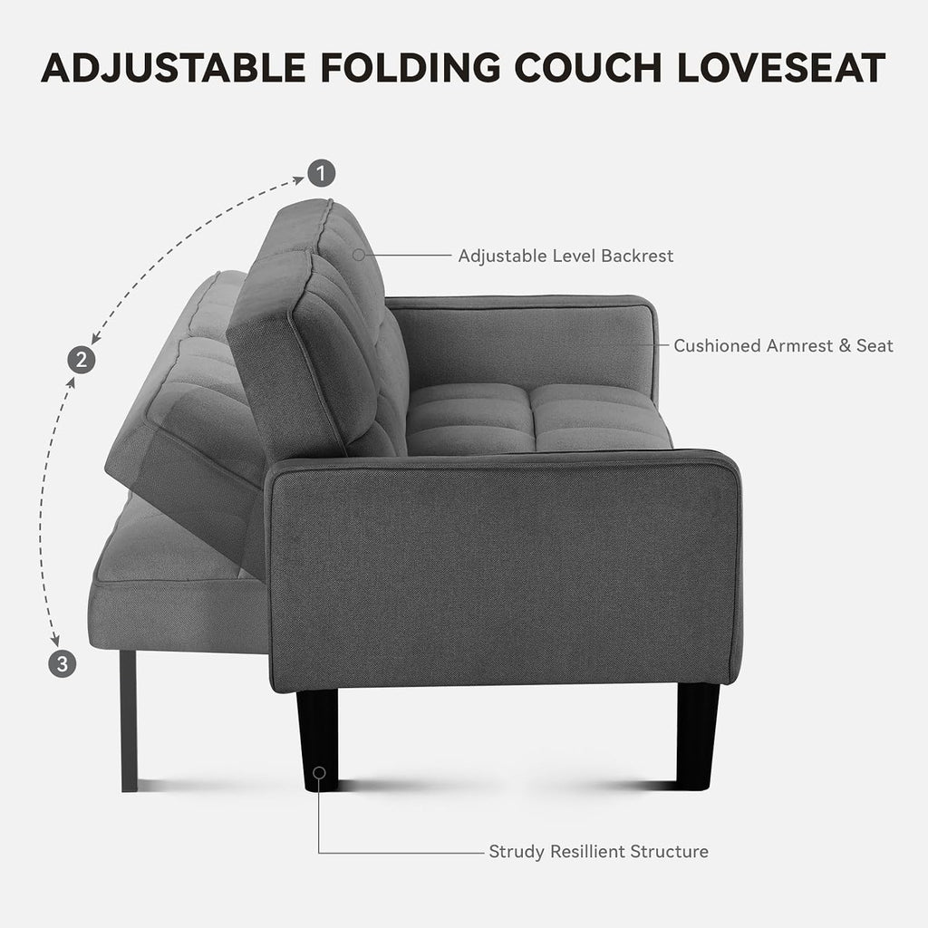 COMHOMA 76 inch Futon Sofa Bed, Mid Century Modern Futon Couch with Adjustable Backrest, Fabric Convertible Sofa Cama, Folding Sleeper Sofa for Living Room, Bedroom, Dark Gray