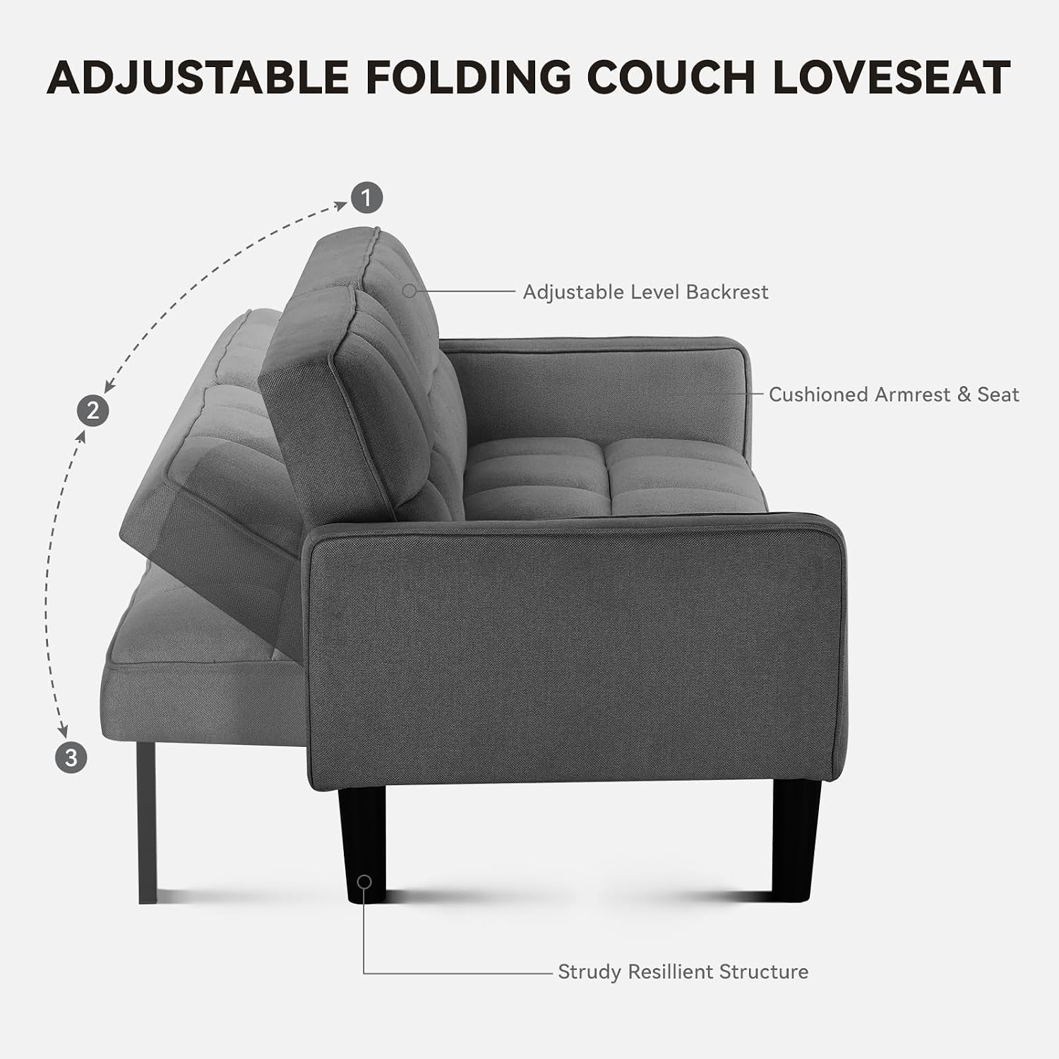 COMHOMA 76 inch Futon Sofa Bed, Mid Century Modern Futon Couch with Adjustable Backrest, Fabric Convertible Sofa Cama, Folding Sleeper Sofa for Living Room, Bedroom, Dark Gray