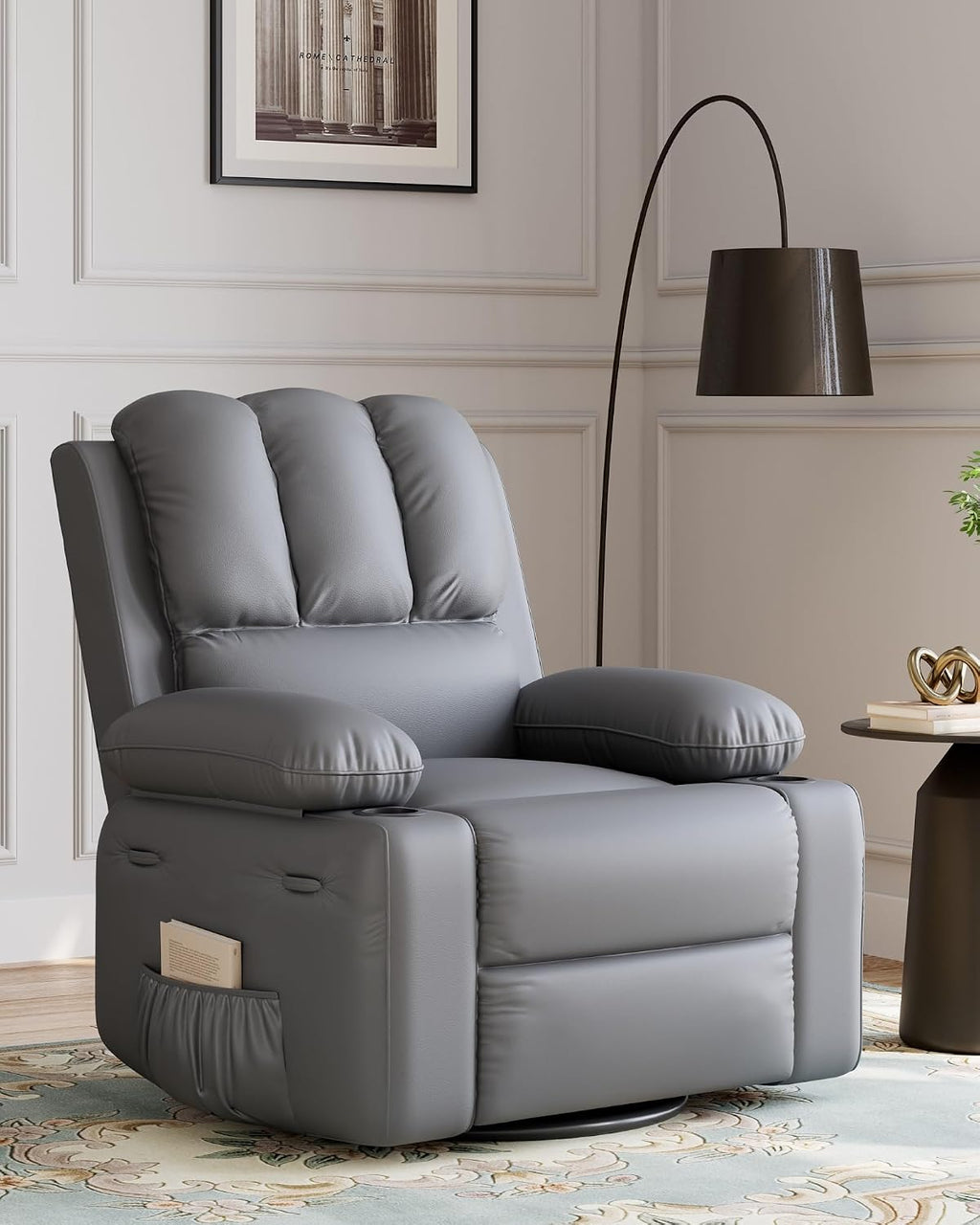22 in Leather Recliner Chair for Adults, Overstuffed Manual Recliner Chair, Single Sofa with Cup Holder and Side Pockets, Upholstered Chair for Living Rooms, Gray