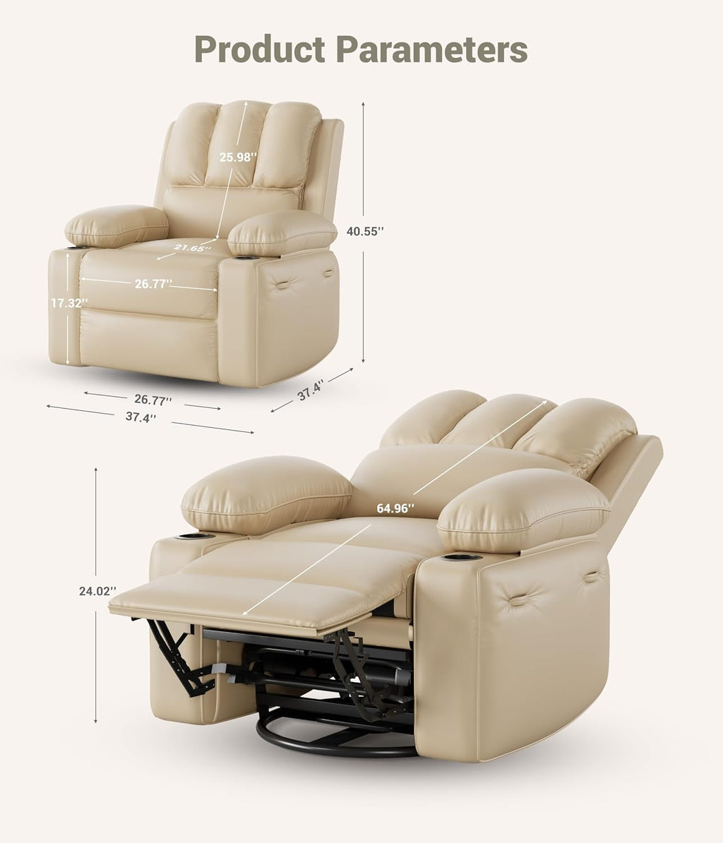 27'' Oversized PU Leather Recliner Chair for Adults, 400lbs Capacity, Manual Reclining Sofa with Cup Holder & Side Pockets, Wide Seat Living Room Chair, Easy Assembly