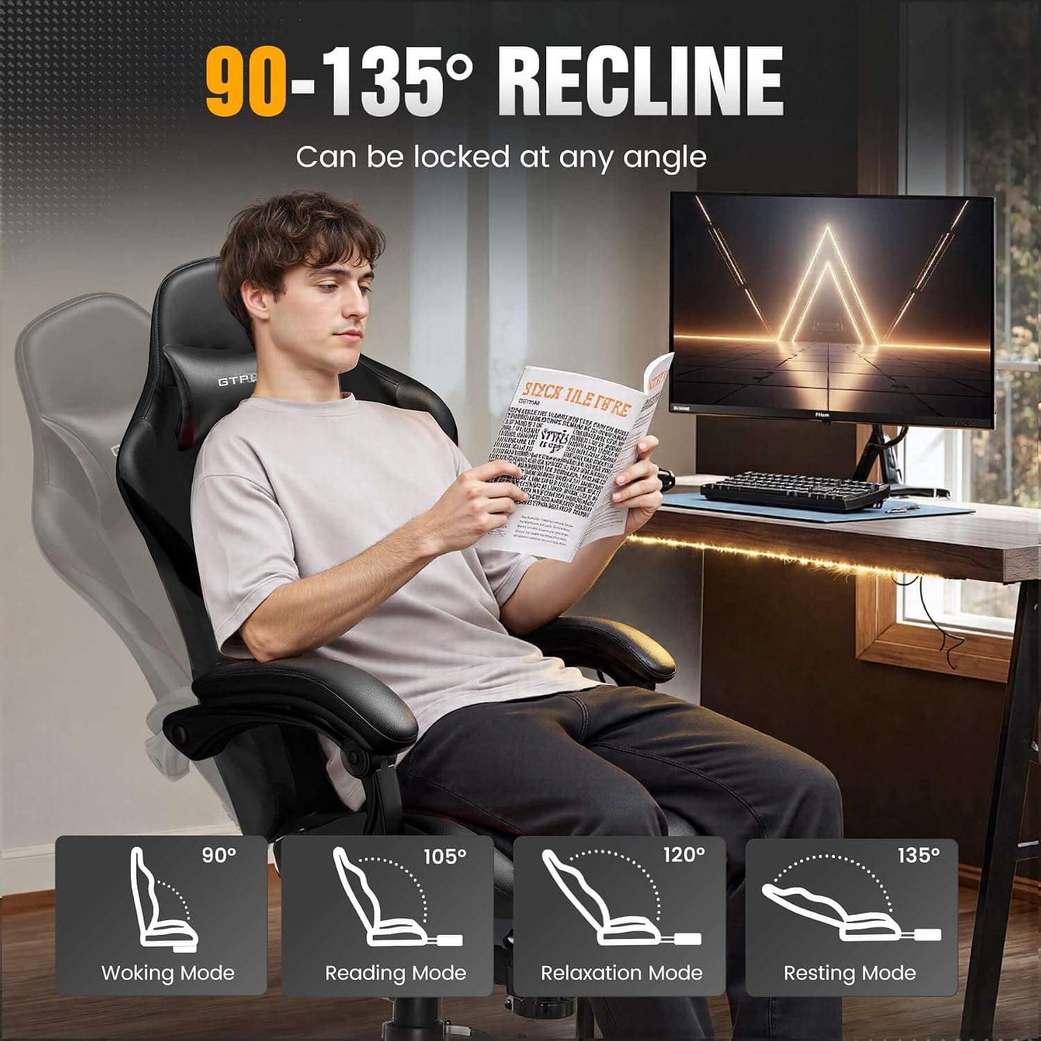 GTPLAYER Gaming Chair with Pocket Spring Cushion, Leather Office Chair with Ergonomic High Back & Lumbar Support for Back Pain Relief, Computer Game Chair for Adults, Black