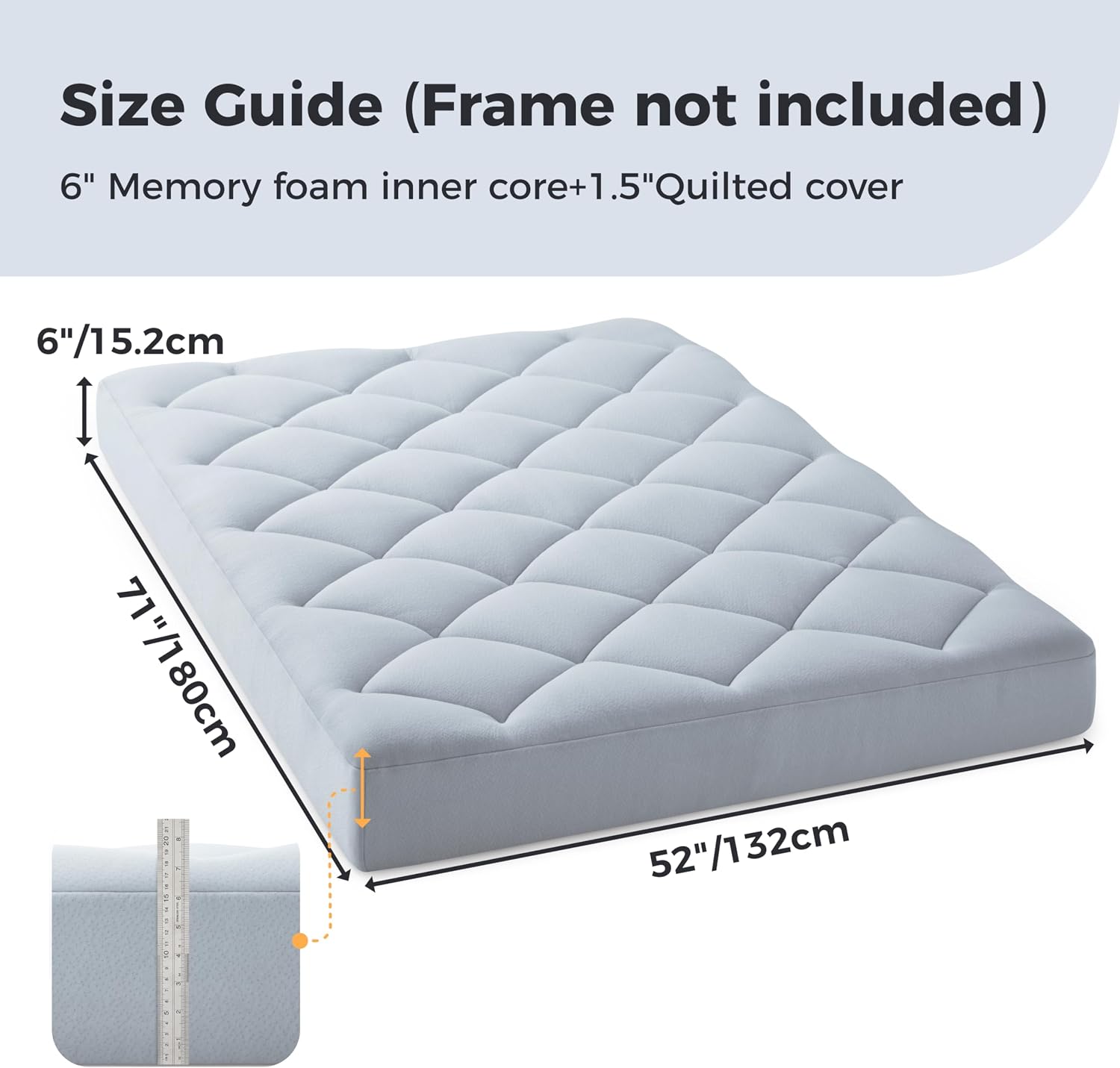 Jamdok 6' Full Size Futon Mattress Replacement(Frame Not Included),Removable Pillow Top Cover, Gel Memory Foam, (71X52X6 inches) (Light Gray)
