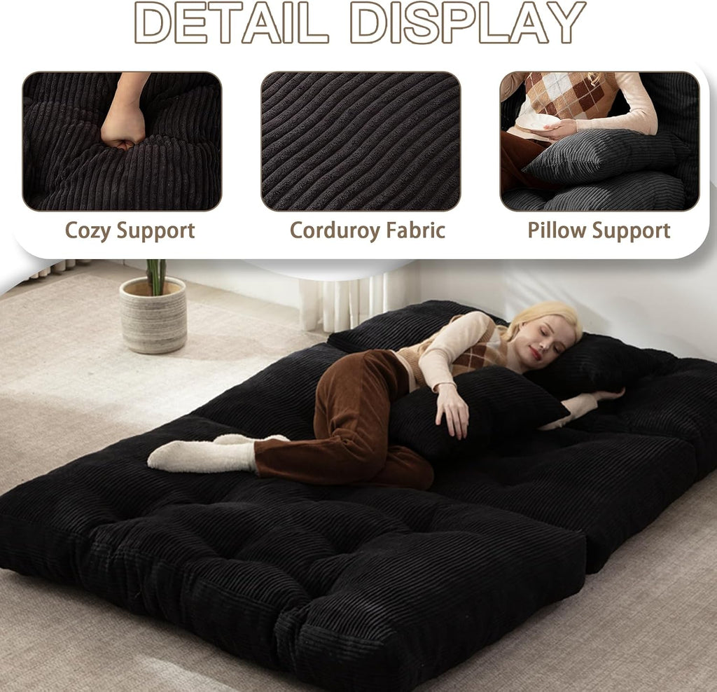 Folding Sofa Bed, Convertible Sleeper Chair with Pillow Foldable Mattress with Back Support, Portable Fold Out Chair Bed Comfy Floor Sofa Lounge for Living Room Bedroom, Black Full 80x54 Inch