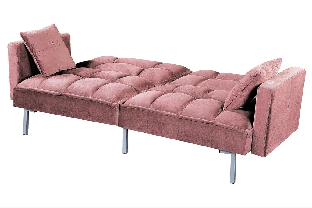 Container Furniture Direct Regal 75.6' Velvet Convertible Sofa Bed - Mid-Century Sleeper Couch w/Tufted Design & Metal Legs - Pull-Out Futon for Guests/Home (75.6' W x 34.6' D x 32' H), Rose