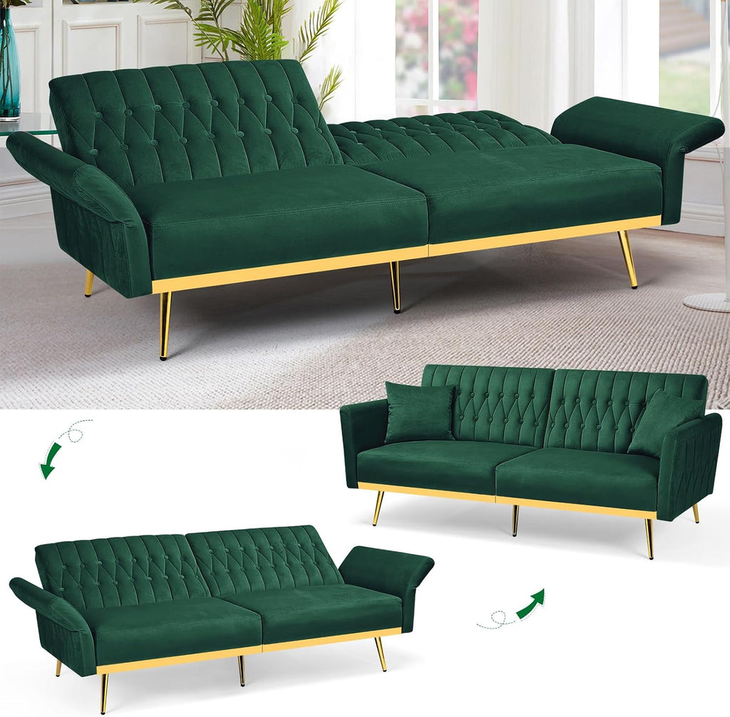 2 Pieces Velvet Sofa Set with Adjustable Armrest and Backrest, 70' Convertible Futon Sofa Bed & Mordern Accent Chair with Ottoman for Living Room, Bedroom, Green