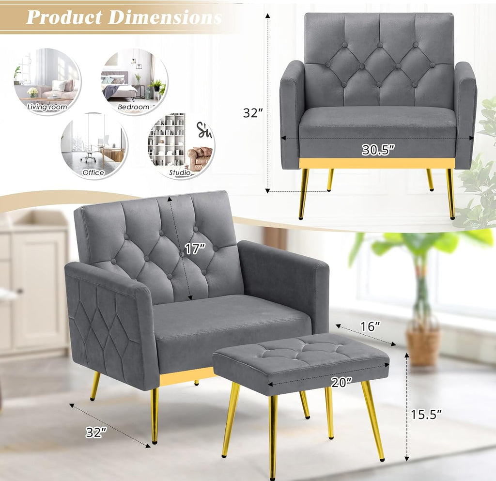 2 Pieces Velvet Sofa Set w/Adjustable Armrests and Backrests, Tufted Accent Chair w/Ottoman, Convertible Futon Sofa Bed for Bedroom, Living Room, Apartment, Grey