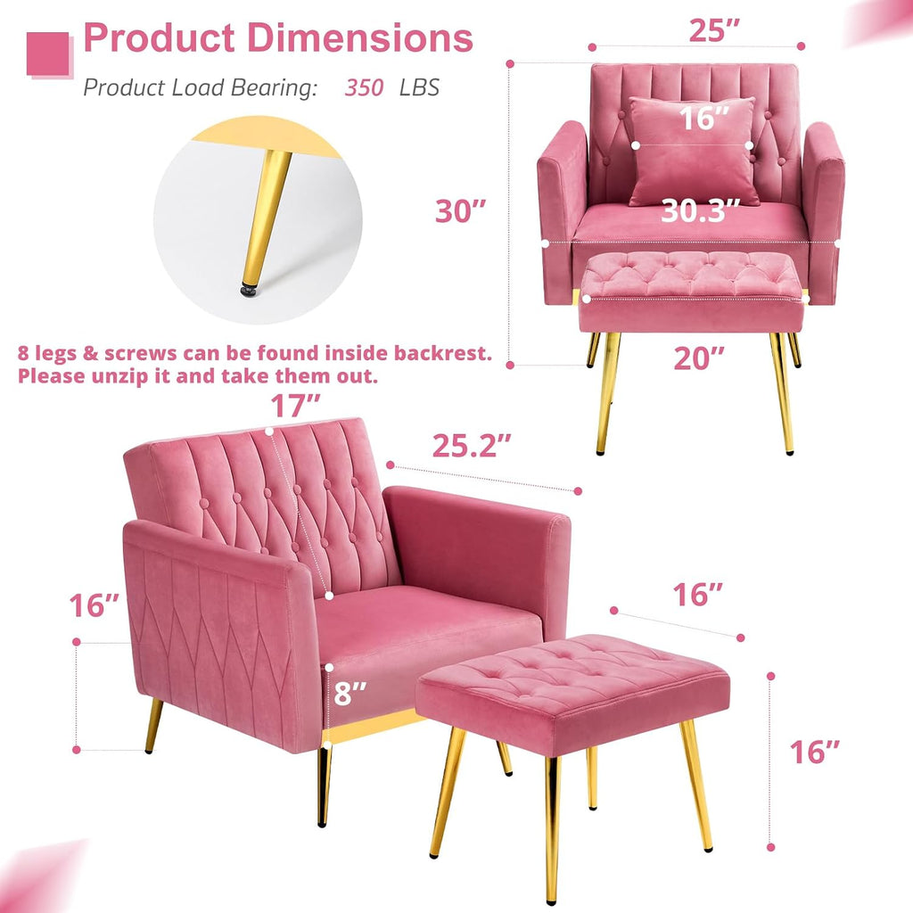 2 Pieces Velvet Sofa Set with Adjustable Armrest and Backrest, 70' Convertible Futon Sofa Bed & Mordern Accent Chair with Ottoman for Living Room, Bedroom, Pink