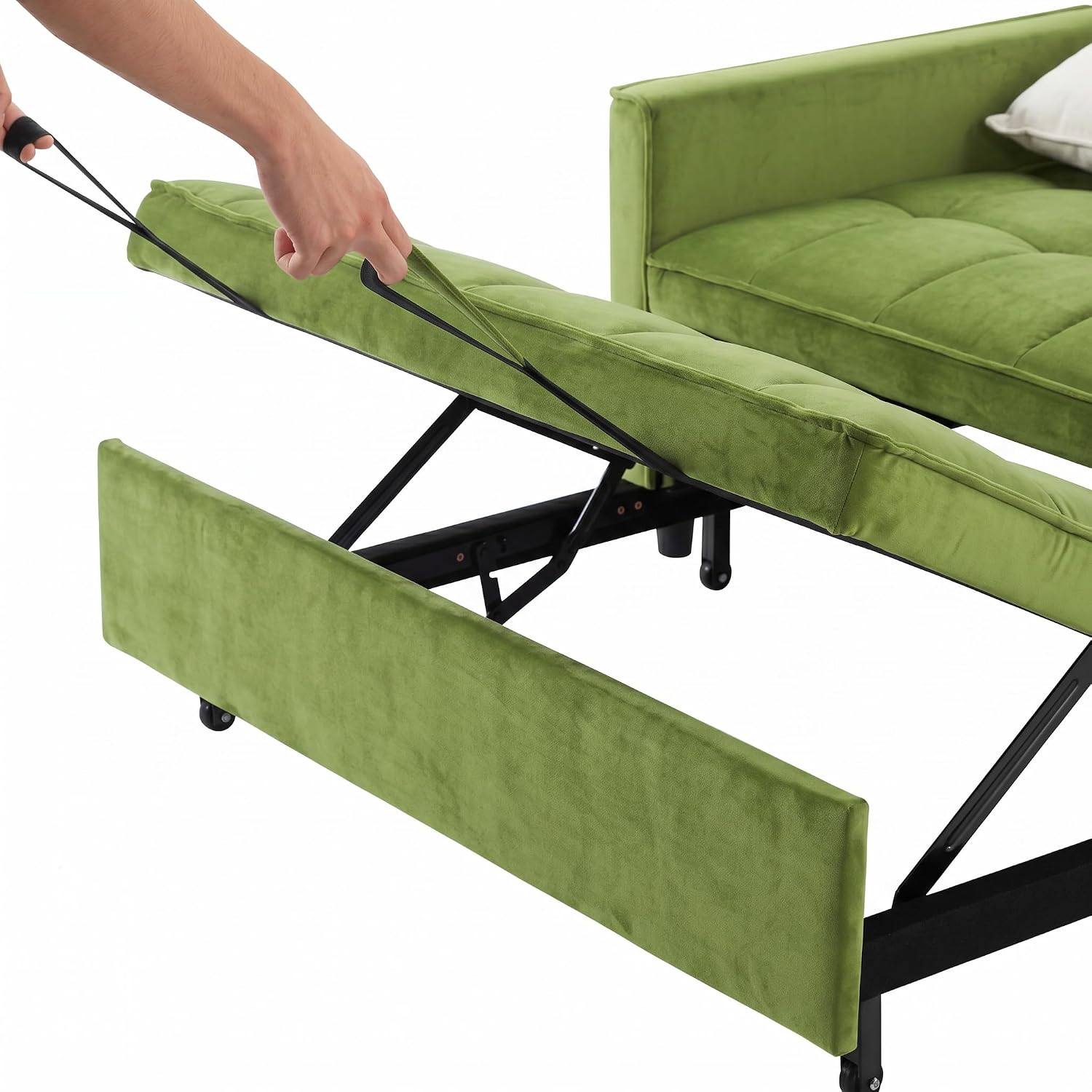 3 in 1 Convertible Sofa Bed, Loveseat Sleeper Sofa with Large Side Pockets, Pull Out Couch with Adjustable Backrest, Easy Assembly, Velvet Couch Bed for Small Spaces, Apartment, Green