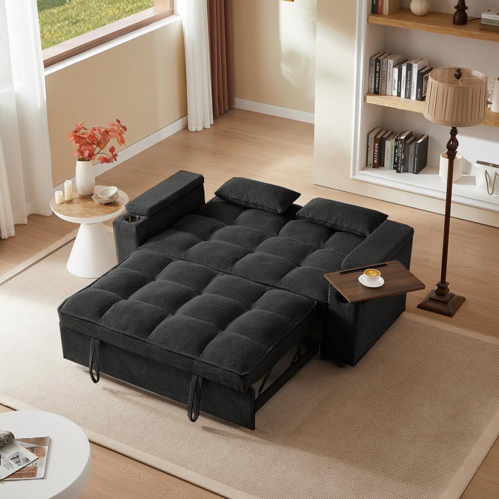 hansones 66' 3-in-1 Folding Convertible Sofa Bed, Queen Size Pullout Sofa, Modern Chenille Fabric, 360° Swivel Side Table, Easy Assembly, Perfect for Living Room (ZY-1107S-Black)