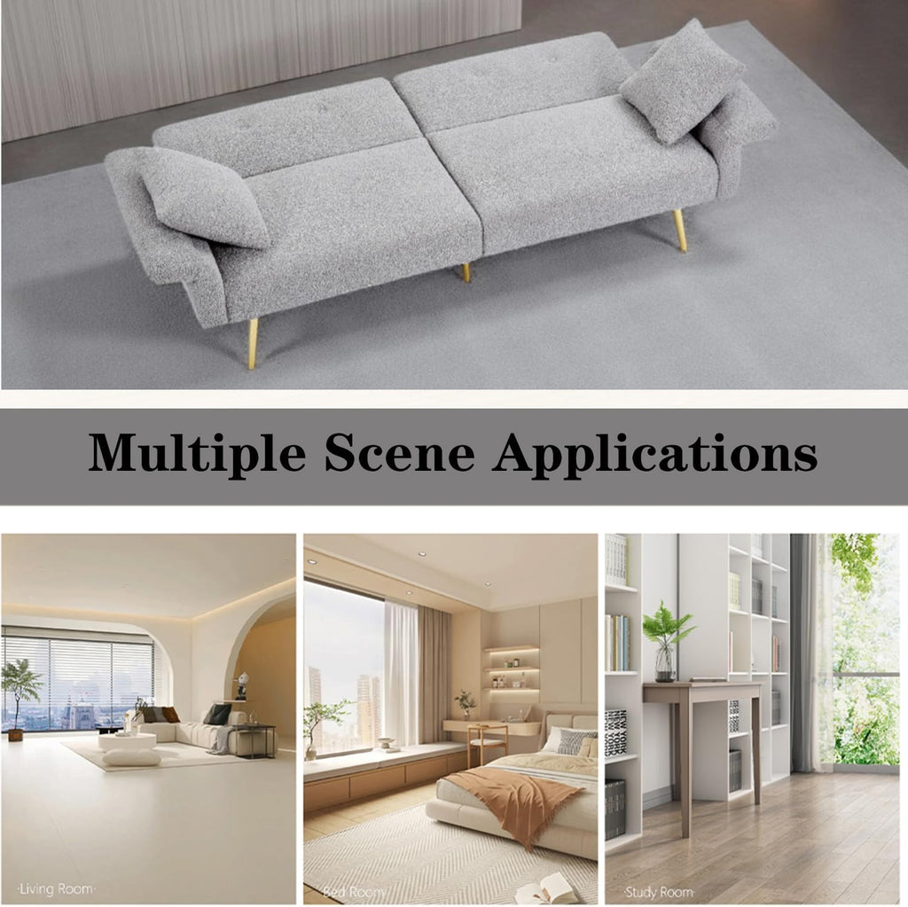 69.5' Grey Convertible Futon Sofa Bed with Adjustable Backrest and Armrests, Teddy Upholstered Loveseat Sleeper Couch with 2 Pillows and Metal Legs Love Seat for Guest Room Living Room (Grey)