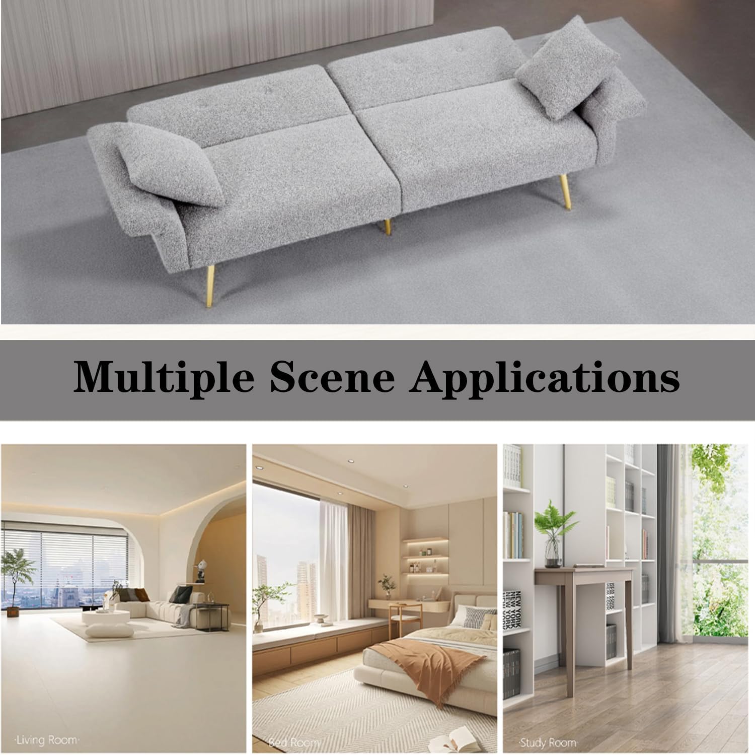 69.5' Grey Convertible Futon Sofa Bed with Adjustable Backrest and Armrests, Teddy Upholstered Loveseat Sleeper Couch with 2 Pillows and Metal Legs Love Seat for Guest Room Living Room (Grey)