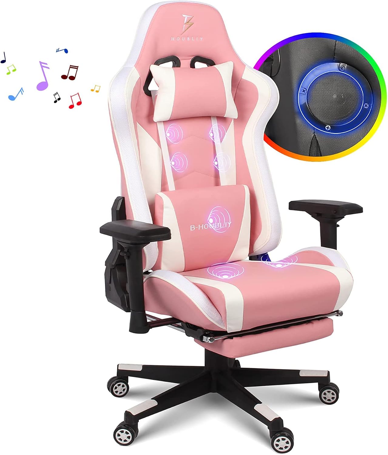 Gaming Chair with Footrest,4d Armrest Ergonomic Office Chair,90-180° Adjustable Backrest High Back Gamer Chair for Adults with Seven Point Massage Game Chair with Speakers,Pink