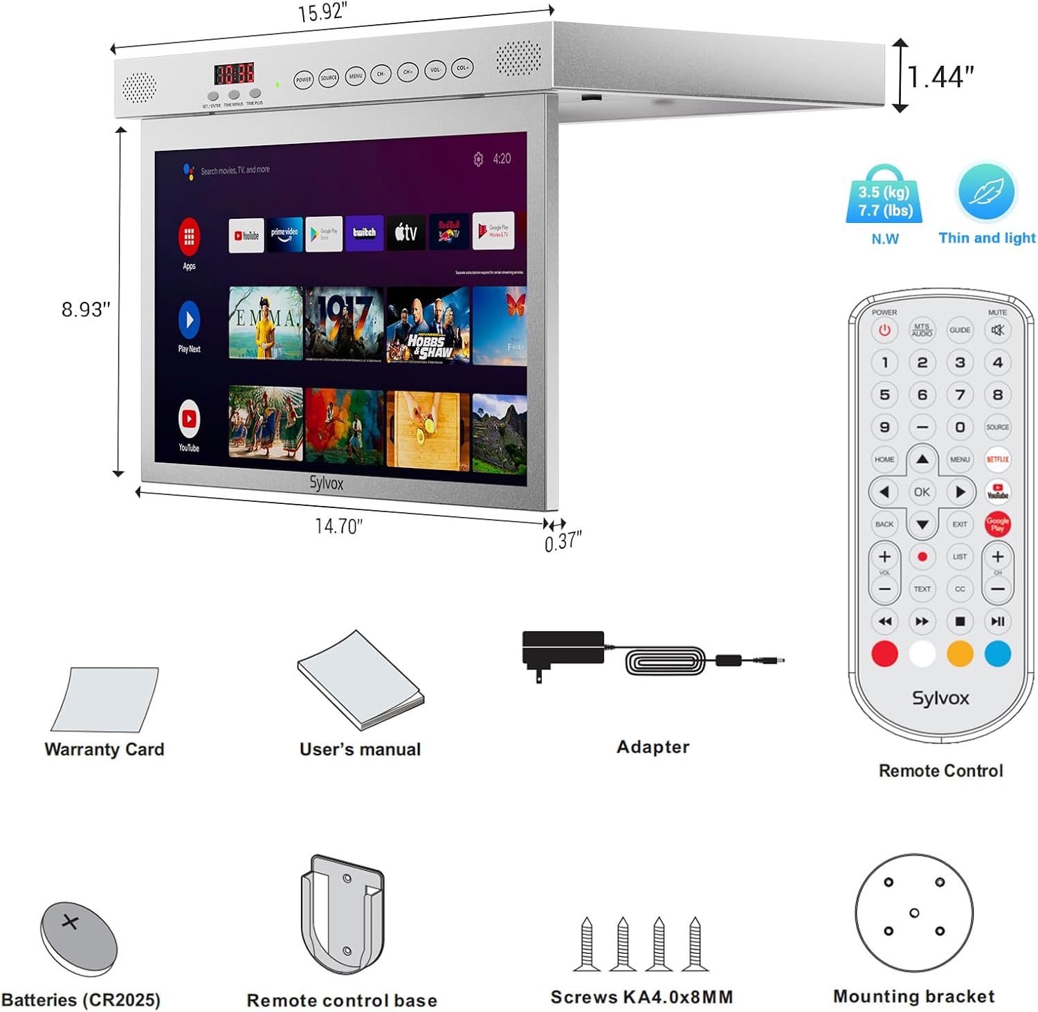 SYLVOX 15.6' Under Cabinet Smart TV – 360° Rotation, 90° Flip-Down Screen, Wireless Connectivity, Space-Saving Design for Kitchen, Bedroom, or RV. (Metallic Silver)