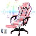 RGB Gaming Chair with Footrest and Speakers Ergonomic Massage Office Chair Lumbar Support Racing Game Chair Adjustable Height PU Leather Computer Chair for Adults Teens,Pink