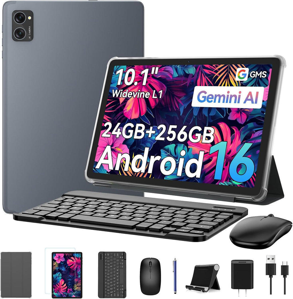 Tablet, 2026 Lastest Android 16 Tablet with Keyboard & Mouse, 10 inch Tablets, 24GB RAM 256GB ROM (2TB Expand), Octa-Core Gaming, 5G WiFi , Widevine L1 FHD, GPS, 2-in-1 Laptop Bundle for Work/School
