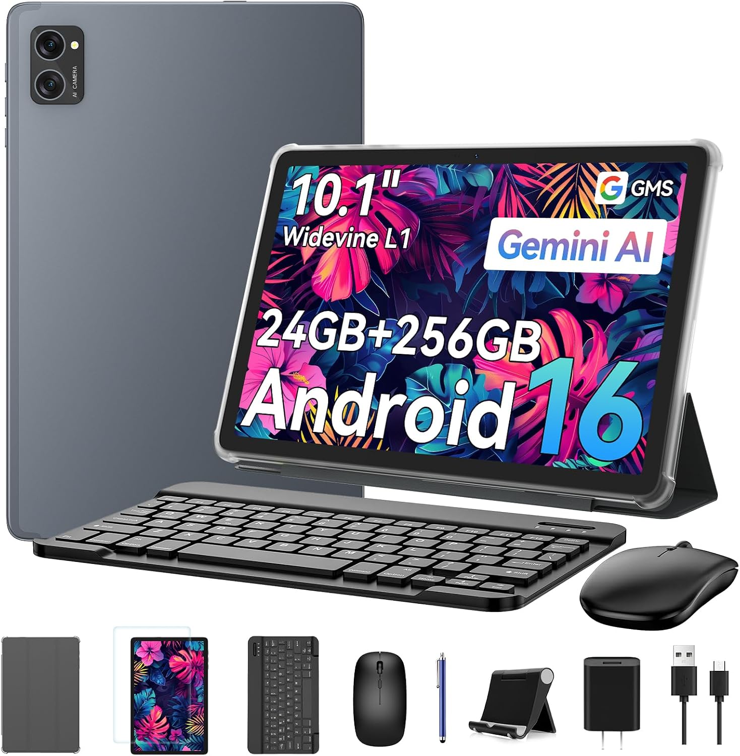 Tablet, 2026 Lastest Android 16 Tablet with Keyboard & Mouse, 10 inch Tablets, 24GB RAM 256GB ROM (2TB Expand), Octa-Core Gaming, 5G WiFi , Widevine L1 FHD, GPS, 2-in-1 Laptop Bundle for Work/School